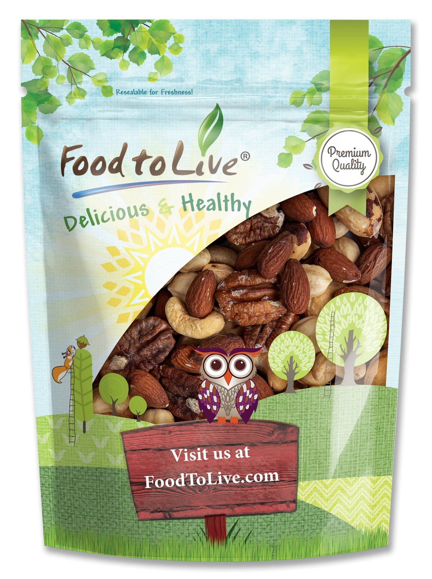 Food to Live Deluxe Unsalted Nuts Mix, 8 Ounces - A Blend of Dry Roasted Pecans, Cashews, Hazelnuts, Almonds, Brazil Nuts. Oven Roasted, Vegan