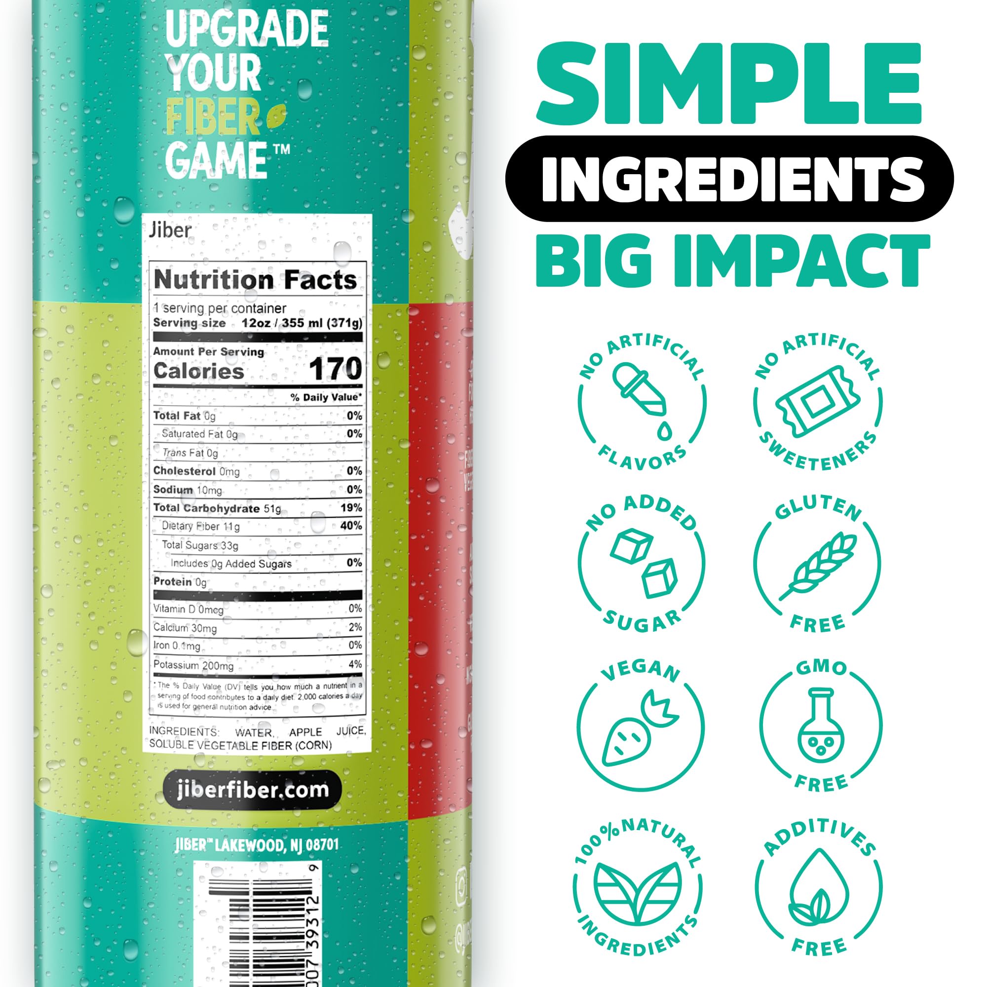 JIBER High Fiber Apple Juice Drink - No Sugar Added - 12 fl oz Apple Juice Cans with 40% Daily Fiber - Prebiotic Drink- Healthy Drinks for Kids