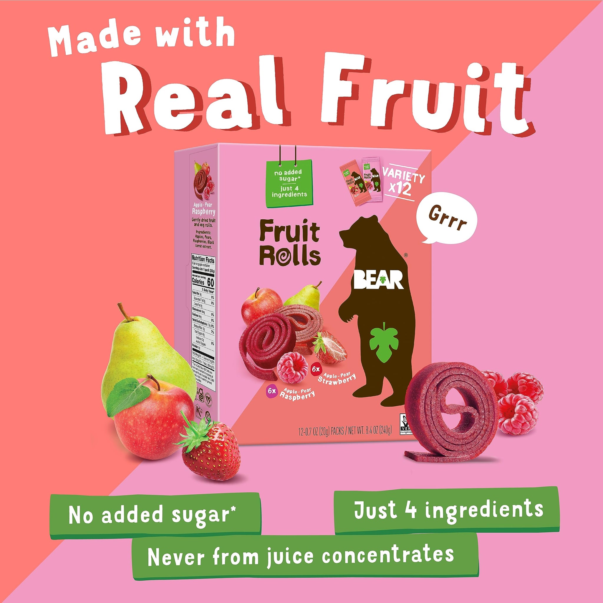 Bear Strawberry Raspberry Fruit Rolls Variety Pack, 8.4 OZ
