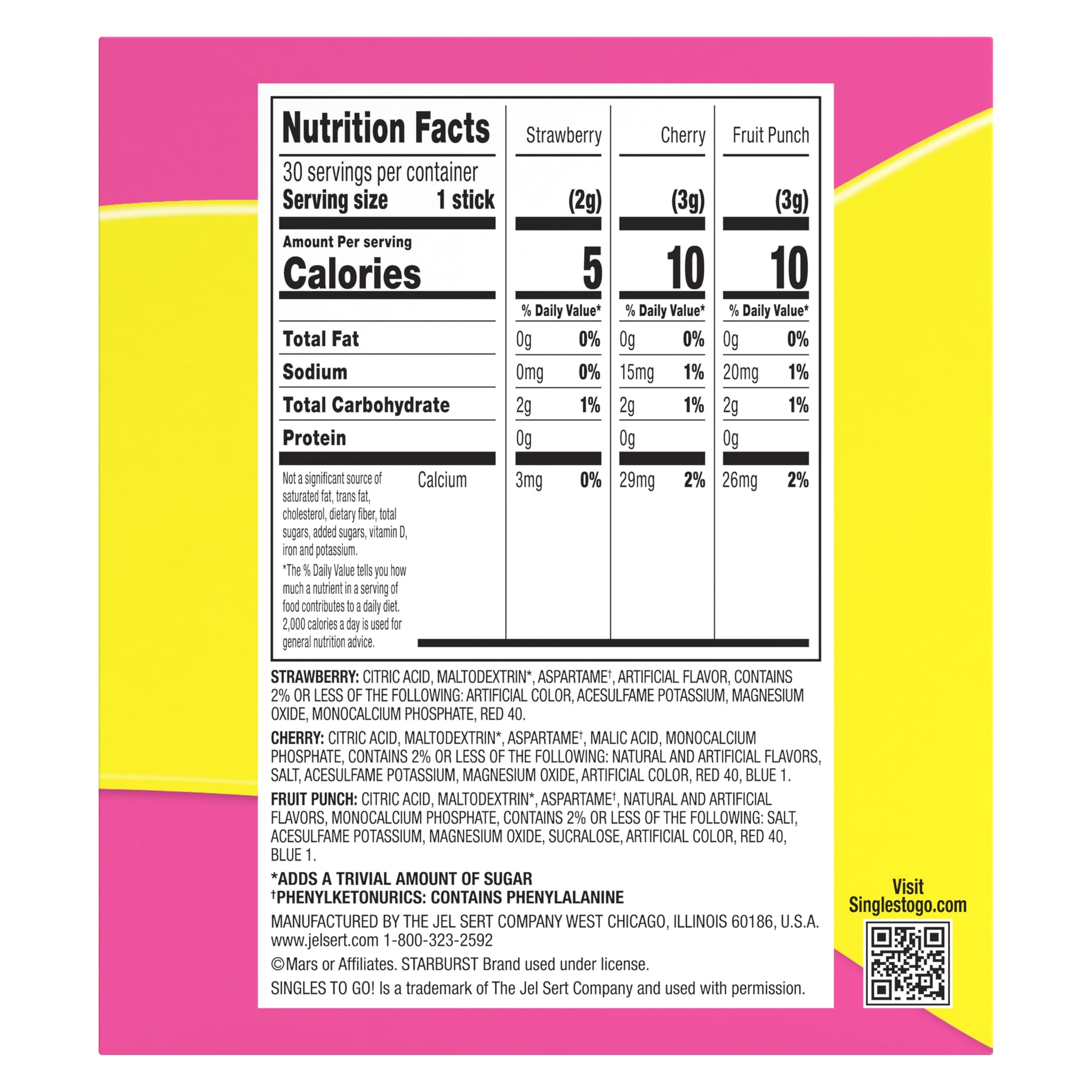 SINGLES TO GO! Starburst Variety Pack, Watertok Powdered Drink Mix, Includes 3 Flavors, Strawberry, Cherry And Fruit Punch 1 Box (30 Servings)