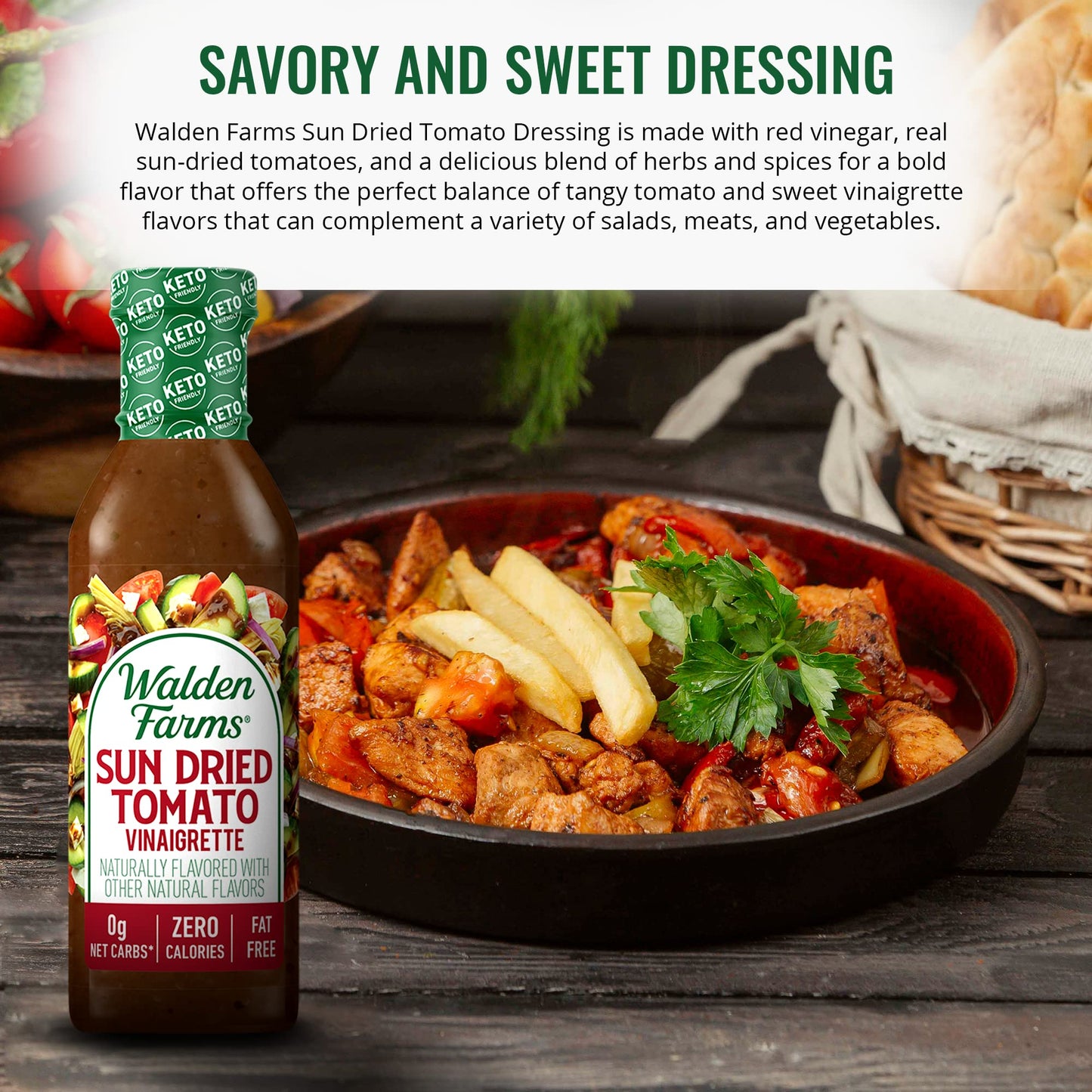 Walden Farms Sun Dried Tomato Vinaigrette Dressing 12 oz Bottle - Sugar Free 0g Net Carbs Condiment - So Tasty on Salad, Grilled Chicken, Vegetables