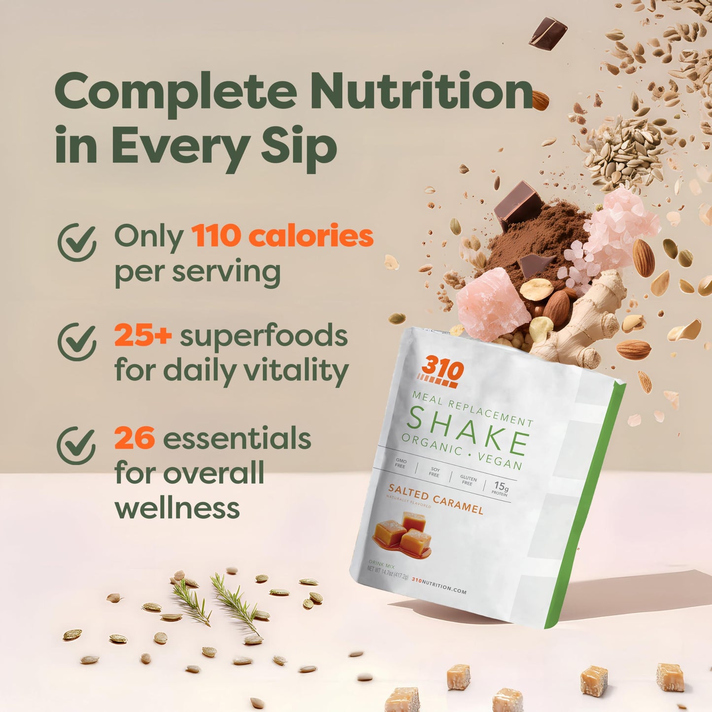 310 Nutrition Organic All-In-One Meal Replacement Shake Powder - Plant-Based Protein Smoothie Blend w/Fiber, Probiotics & Adaptogens - Low Carb