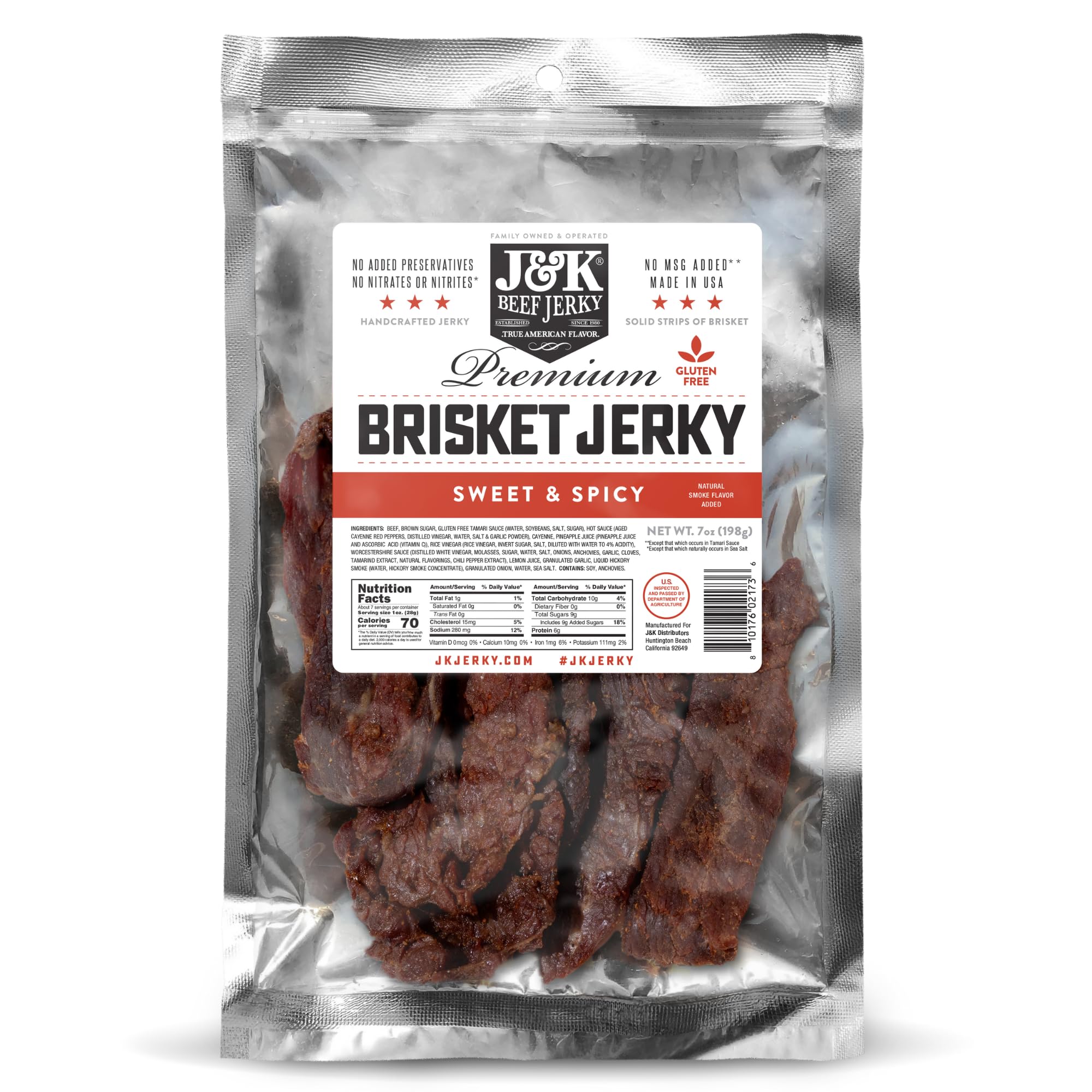 J&K Jerky Sweet & Spicy Brisket, Hand Crafted Small Batch American Made Slab Jerky - Soft & Tender - 7oz Big Bag of Jerky's