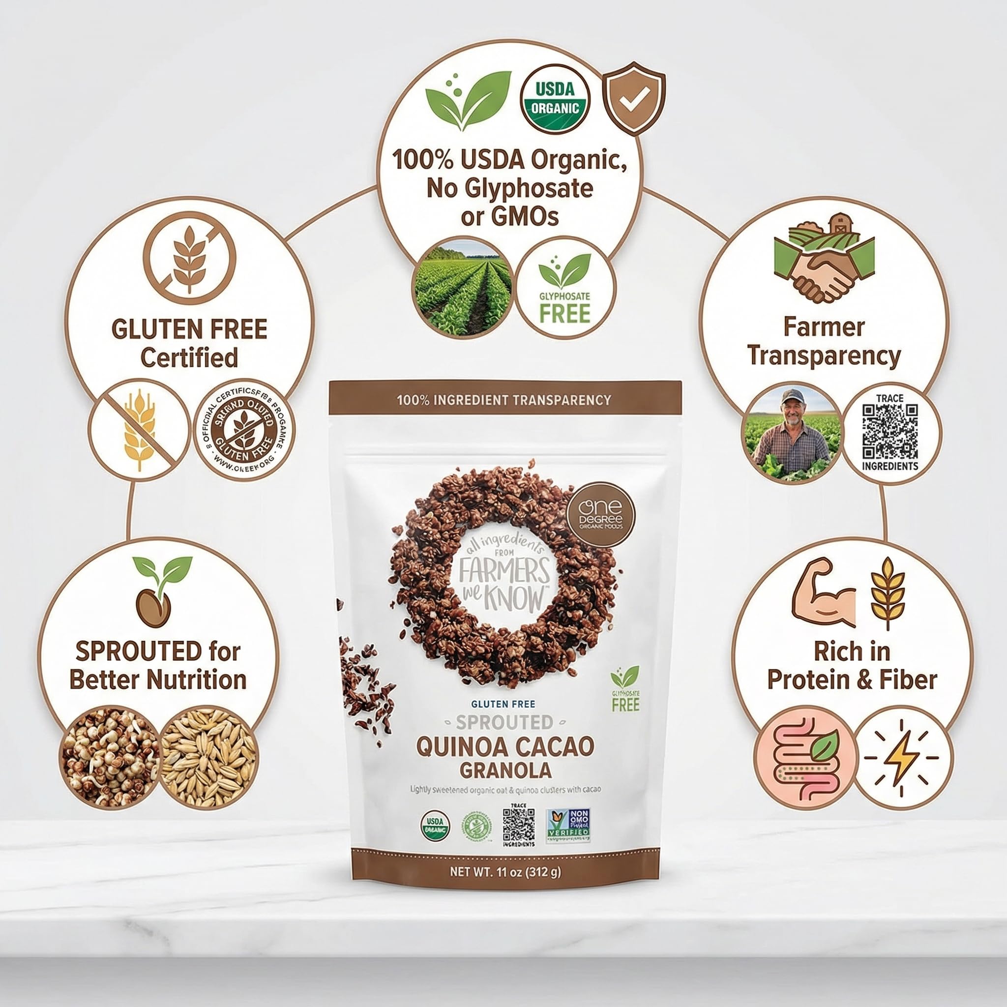 One Degree Granola Quinoa Cacao Org - 11 oz Organic Cereal - Pack of 8 - Protein Granola and Protein Cereal - Healthy Cereals Breakfast and Oat