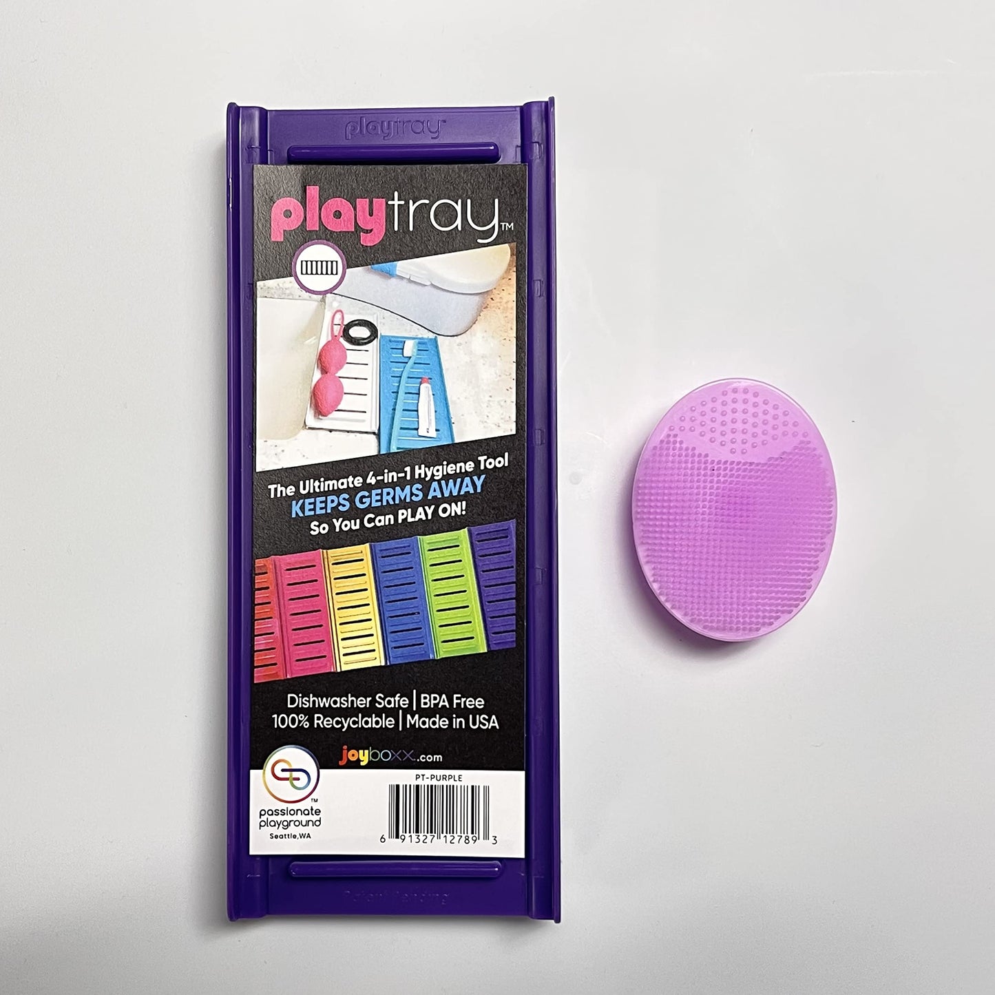 Playtray® with Joybuff™ Silicone Scrubber Brush | 4-in-1 Hygiene Tool Keeps Germs Off Furniture and Products | Portable Wash Dry Rack (Purple)