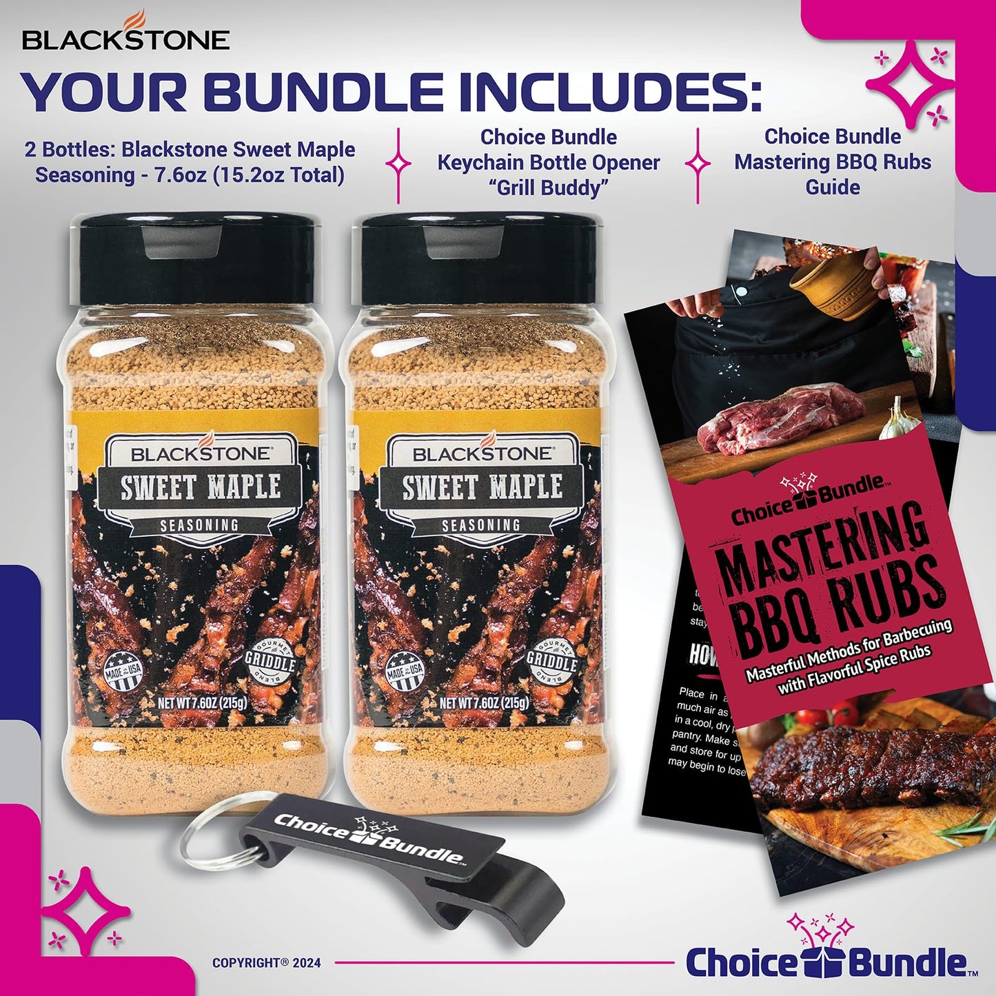 Blackstone Sweet Maple Seasoning - Gourmet Griddle Premium Barbecue Rub 2 Pk (15.2 oz) + BBQ Masters & Opener (4 Items)!