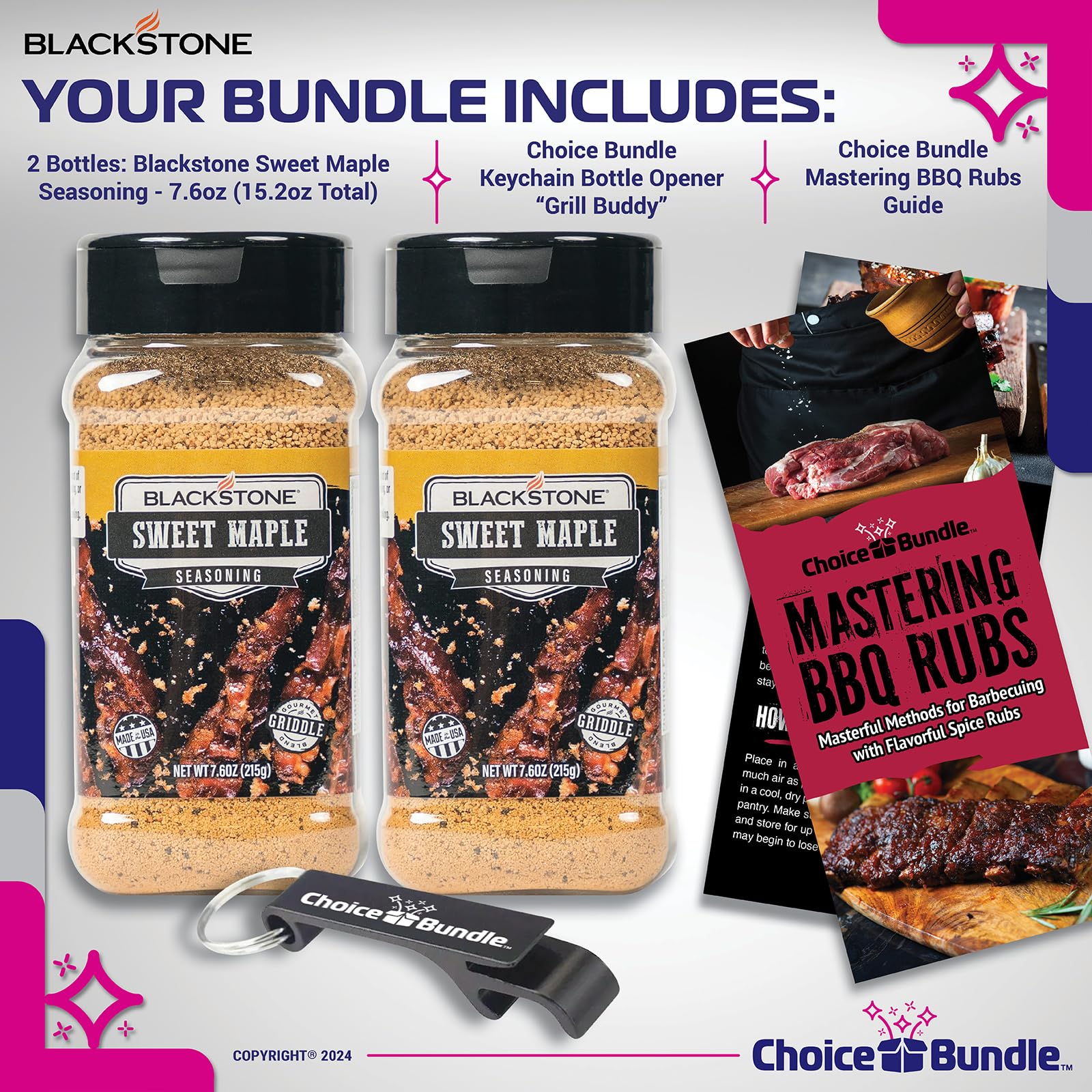 Blackstone Sweet Maple Seasoning - Gourmet Griddle Premium Barbecue Rub 2 Pk (15.2 oz) + BBQ Masters & Opener (4 Items)!
