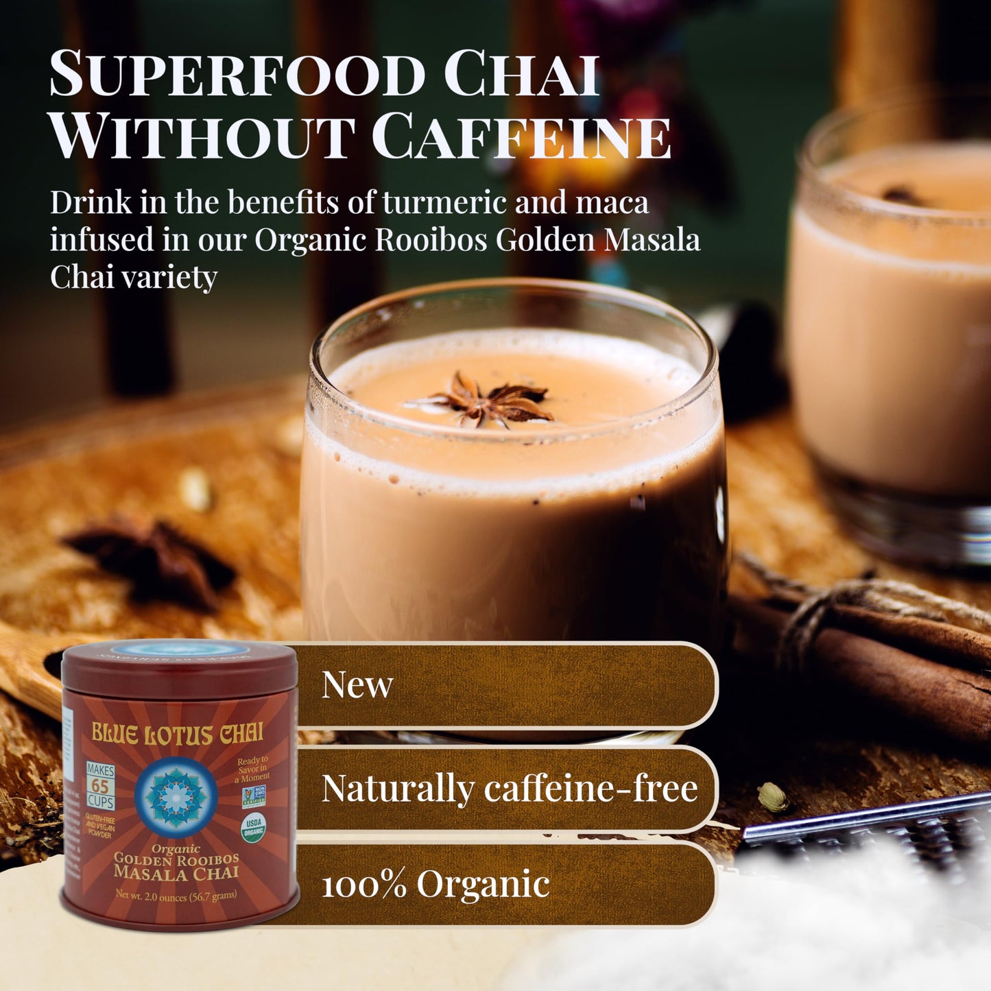 Blue Lotus Chai - Golden Rooibos Flavor Masala Chai - Makes 65 Cups - 2 Ounce Masala Spiced Chai Powder with Organic Spices - Instant Indian Tea No