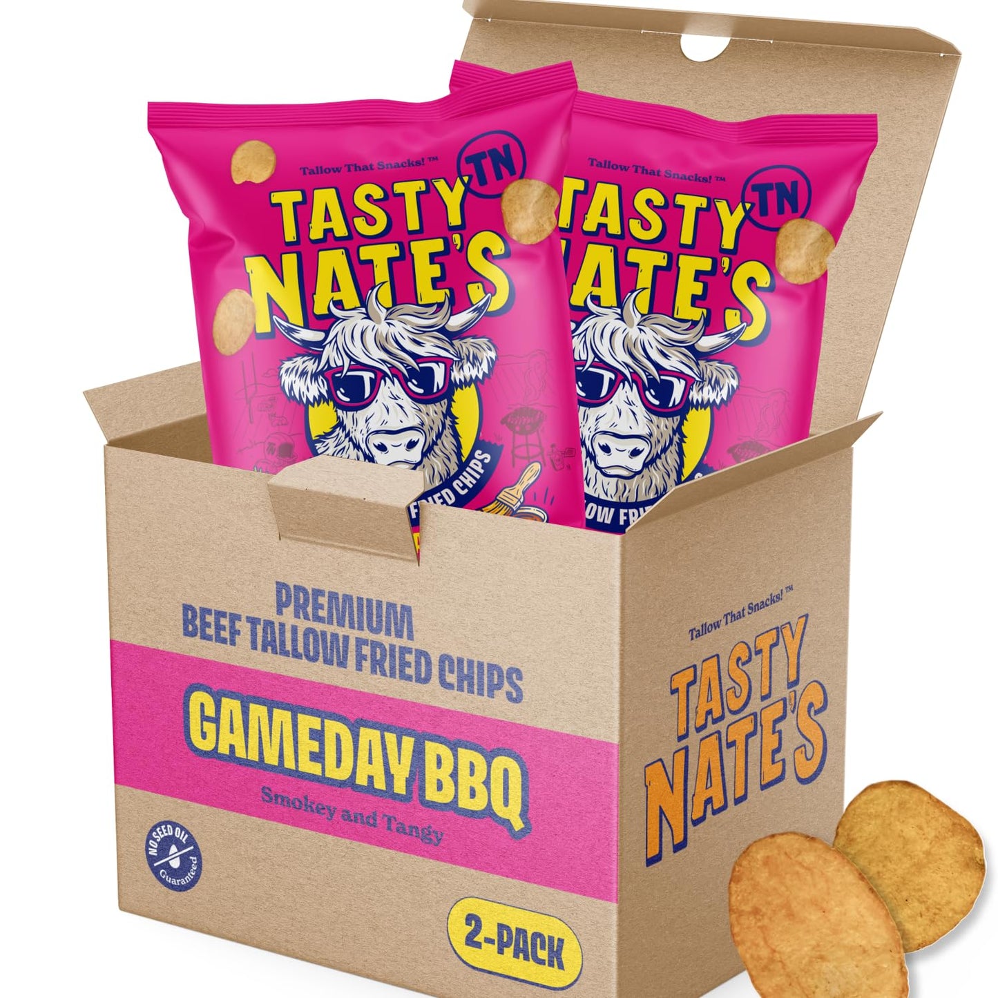 Tasty Nate’s Beef Tallow Potato Chips - Game Day BBQ Flavor Kettle Chips Fried in 100% Beef Tallow Seed Oil Free - Gluten Free Healthy Snacks Paleo