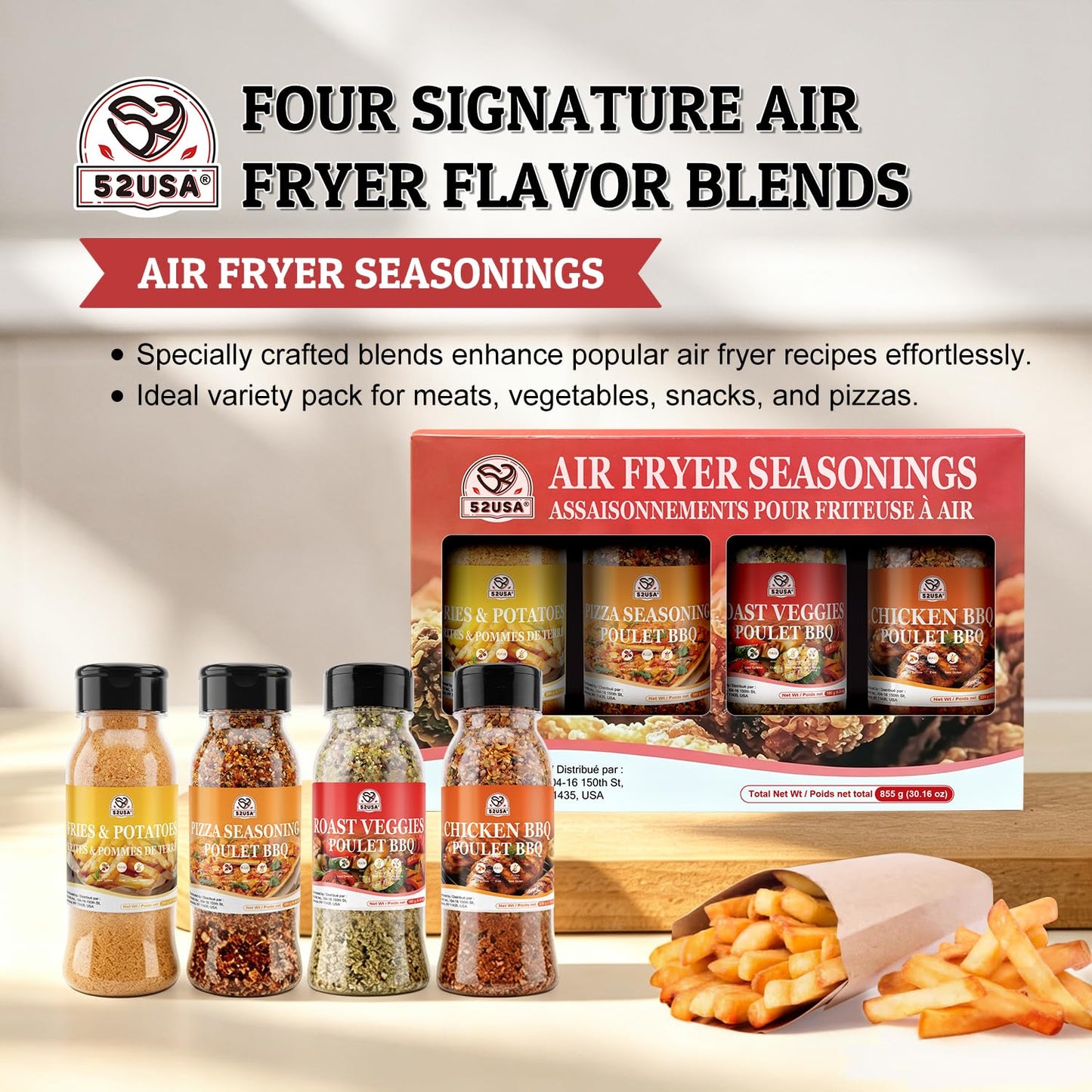 52USA Air Fryer Seasoning Blends Gift Set, 4 Pack Assorted Cooking Spices-Fries Potatoes, Pizza, Roast Veggies, Chicken BBQ Seasoning Mix, Purpose Dry