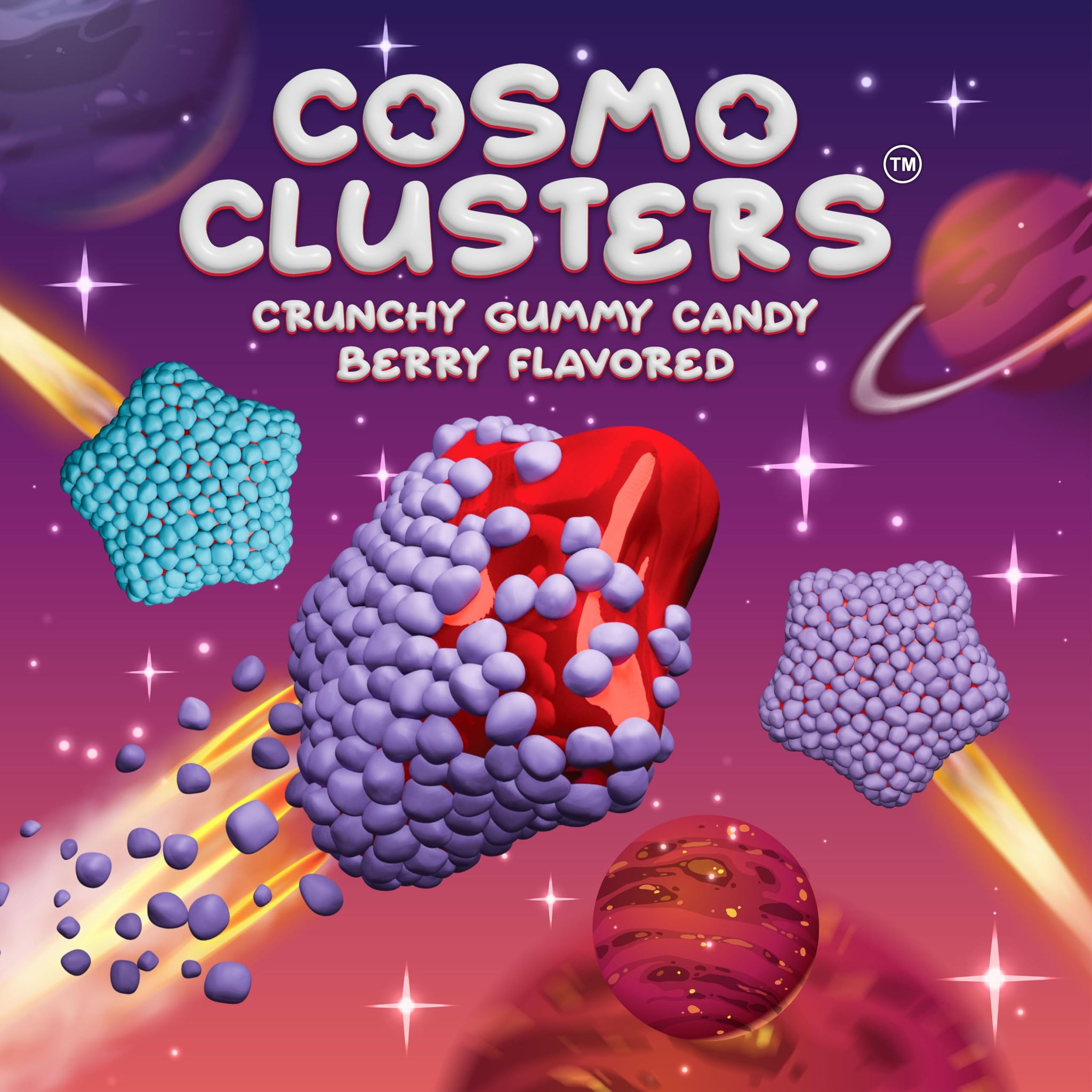 Crunchy Gummy Candy - 1.5 Pound Bag - Chewy Gummy Stars Candy with Crispy Shell - Space Candies in Berry Flavors by Cosmo Clusters for Party Favors
