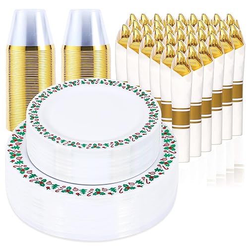350pcs Christmas Disposable Plates & Cutlery Set - Plastic Plates, Tree Design, Gold Disposable Silverware, Clear Gold Cups for Holiday Celebrations