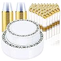 350pcs Christmas Disposable Plates & Cutlery Set - Plastic Plates, Tree Design, Gold Disposable Silverware, Clear Gold Cups for Holiday Celebrations