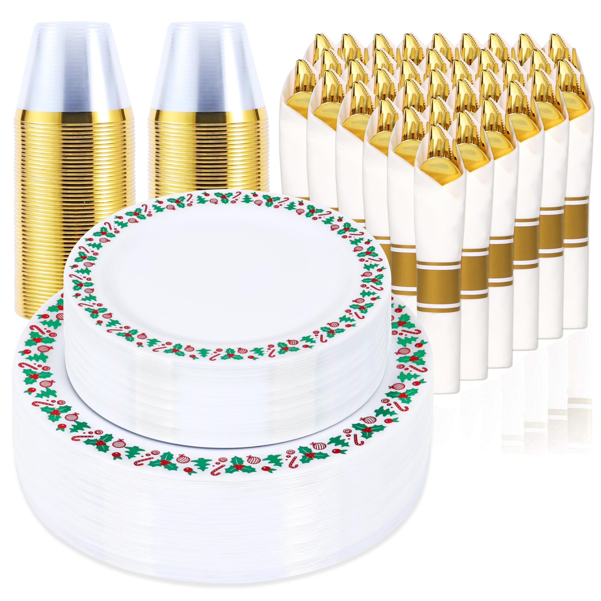 350pcs Christmas Disposable Plates & Cutlery Set - Plastic Plates, Tree Design, Gold Disposable Silverware, Clear Gold Cups for Holiday Celebrations