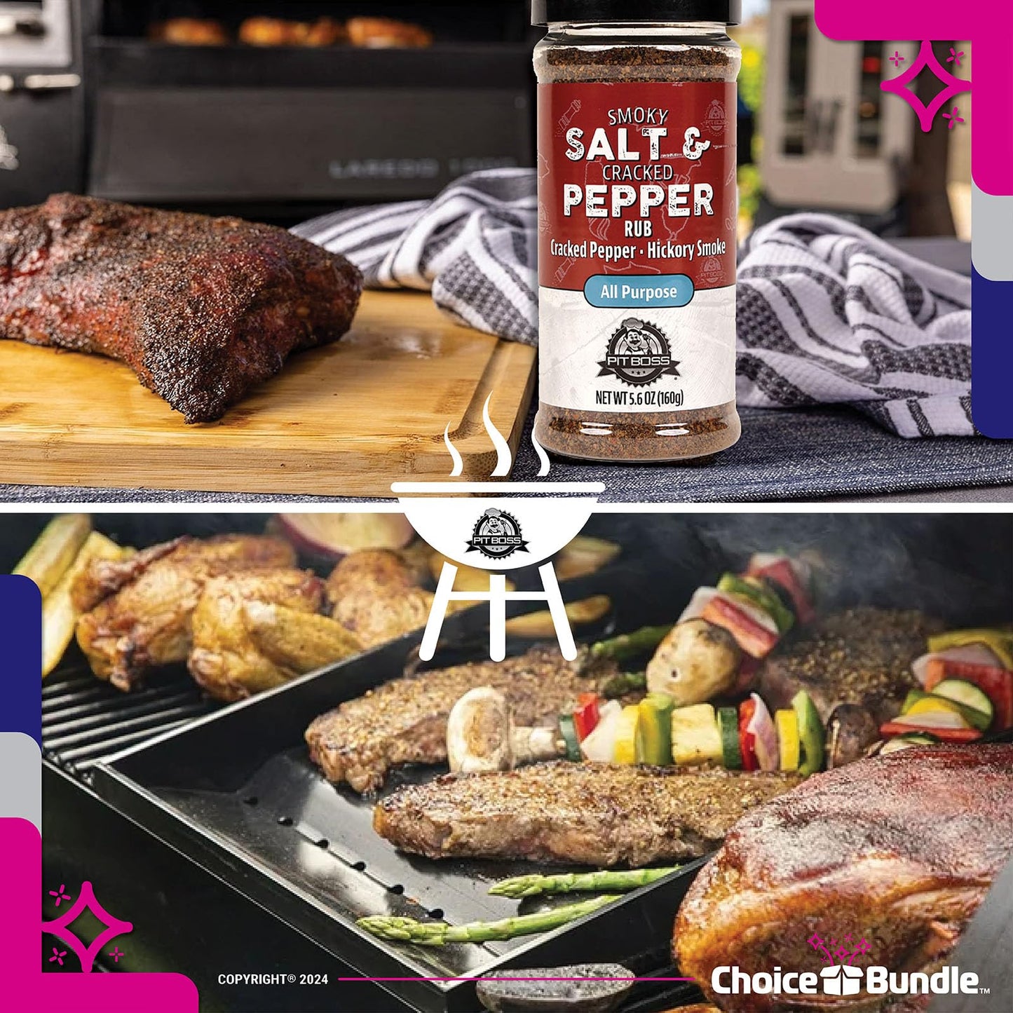 Pit Boss Smoky Salt & Cracked Pepper All Purpose AP Premium BBQ Barbecue Mixed Seasoning Spice & Rub 2 pk Choice Bundle (11.2 oz) + Guide & Keychain
