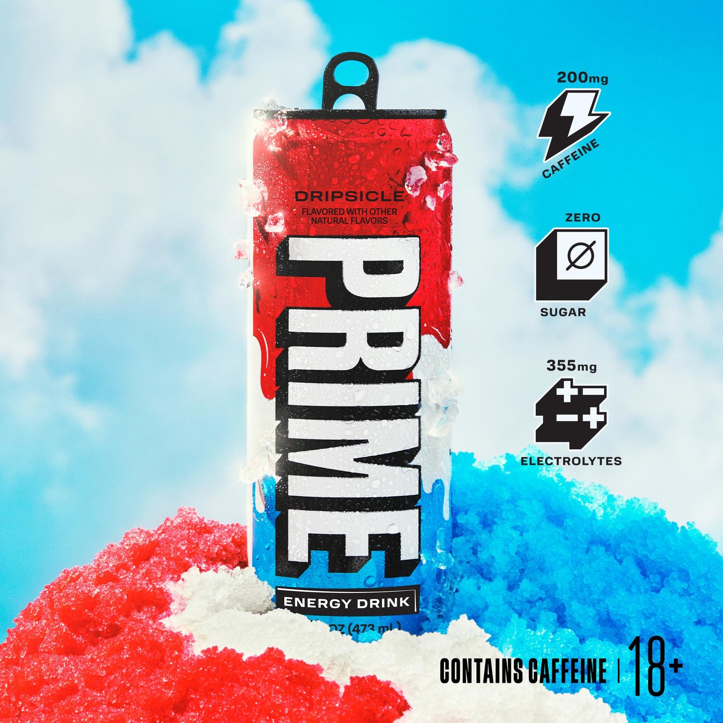 PRIME Energy DRIPSCICLE, Sugar Free Energy Drink, 200mg Caffeine and 355mg of Electrolytes for Hydration, Low Calorie, Vegan, Gluten Free, 16 Fluid
