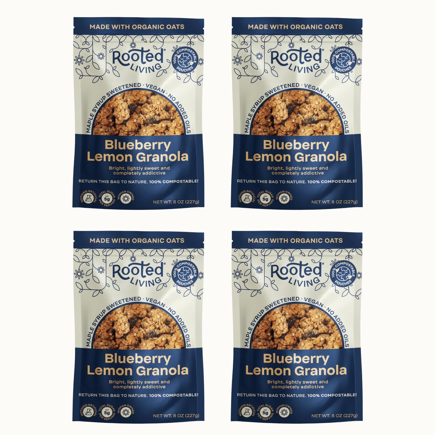 Rooted Living Blueberry Lemon Granola, 8 Oz, Organic Rolled Oats and Sweetened with Maple Syrup, Healthy Vegan Snack, Topping, or Breakfast, Plant