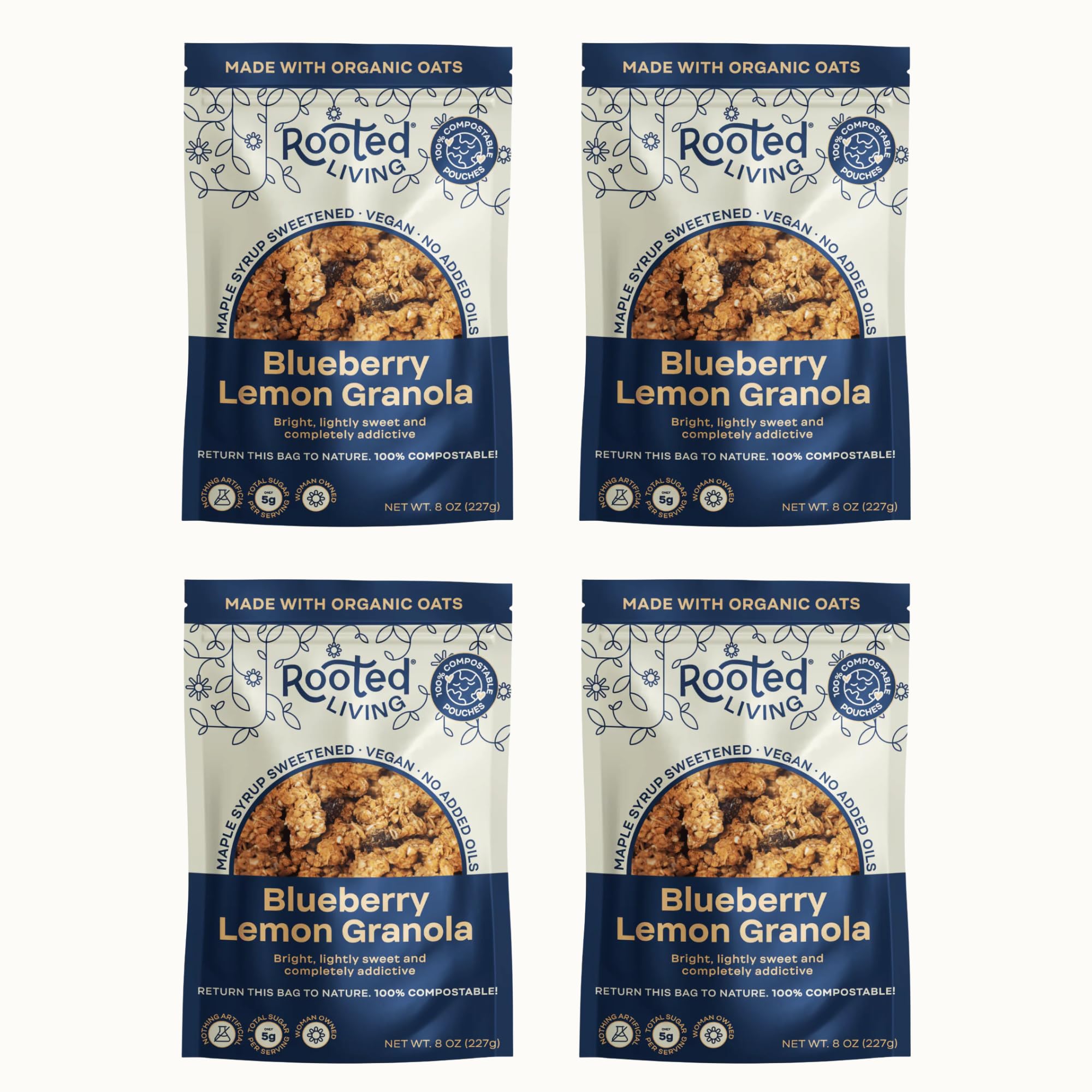 Rooted Living Blueberry Lemon Granola, 8 Oz, Organic Rolled Oats and Sweetened with Maple Syrup, Healthy Vegan Snack, Topping, or Breakfast, Plant