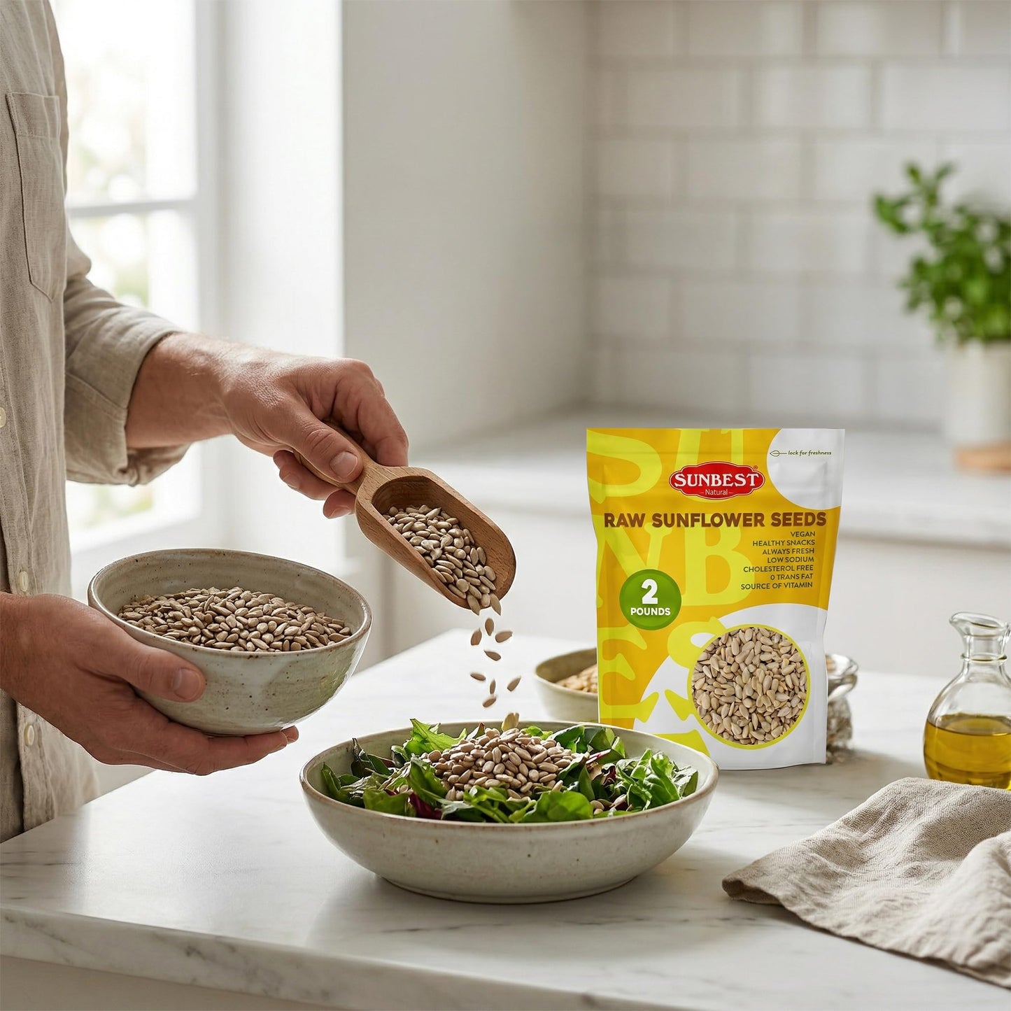 Sunbest Natural Raw Sunflower Seeds, 2 lbs - Unsalted & No Shell - Sunflower Seed Kernels to Eat - For Snacking, Baking & Topping - Road Trip, After