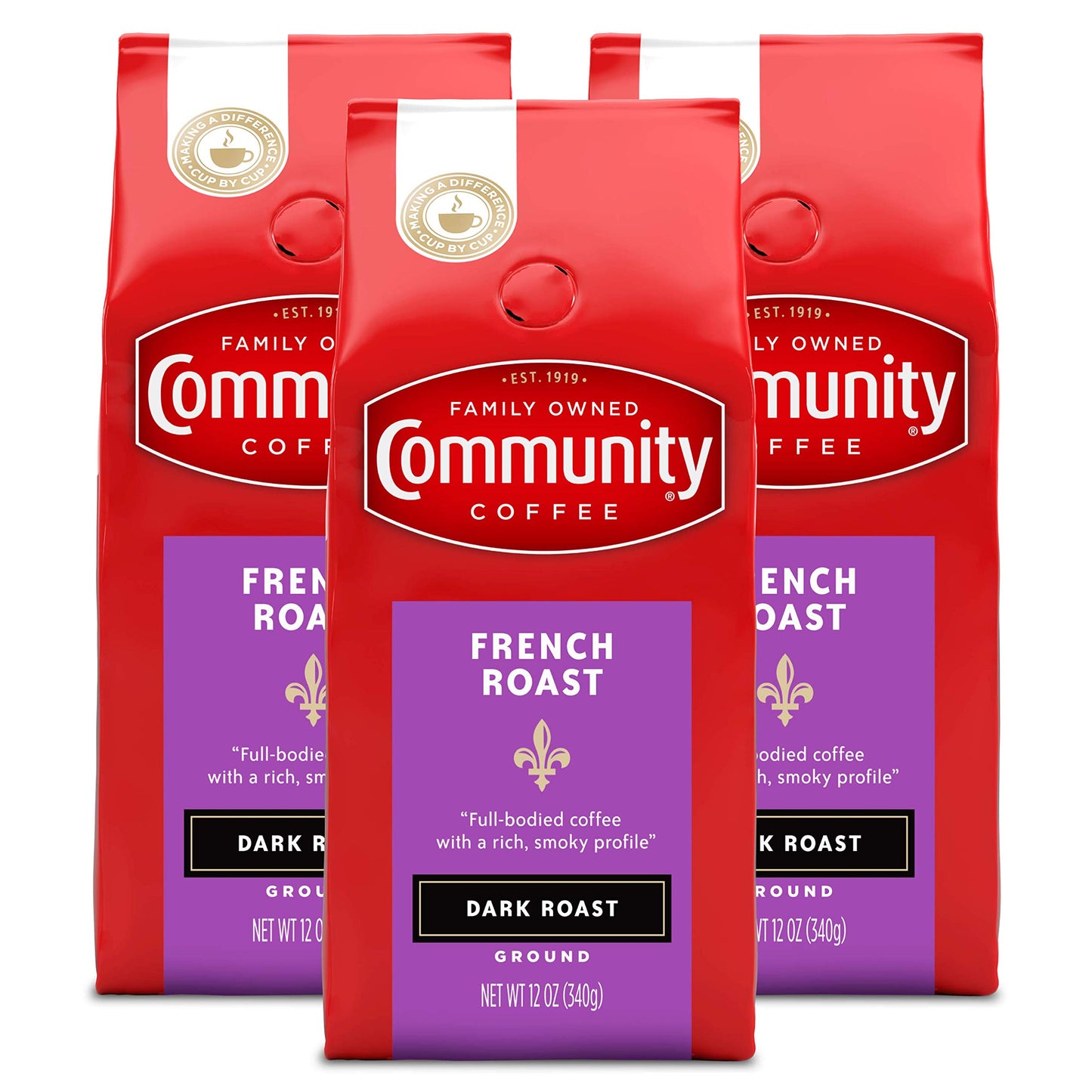 Community Coffee French Roast Dark Roast Ground 12 oz 3 ct Gable Top 12 Ounce (Pack of 3)