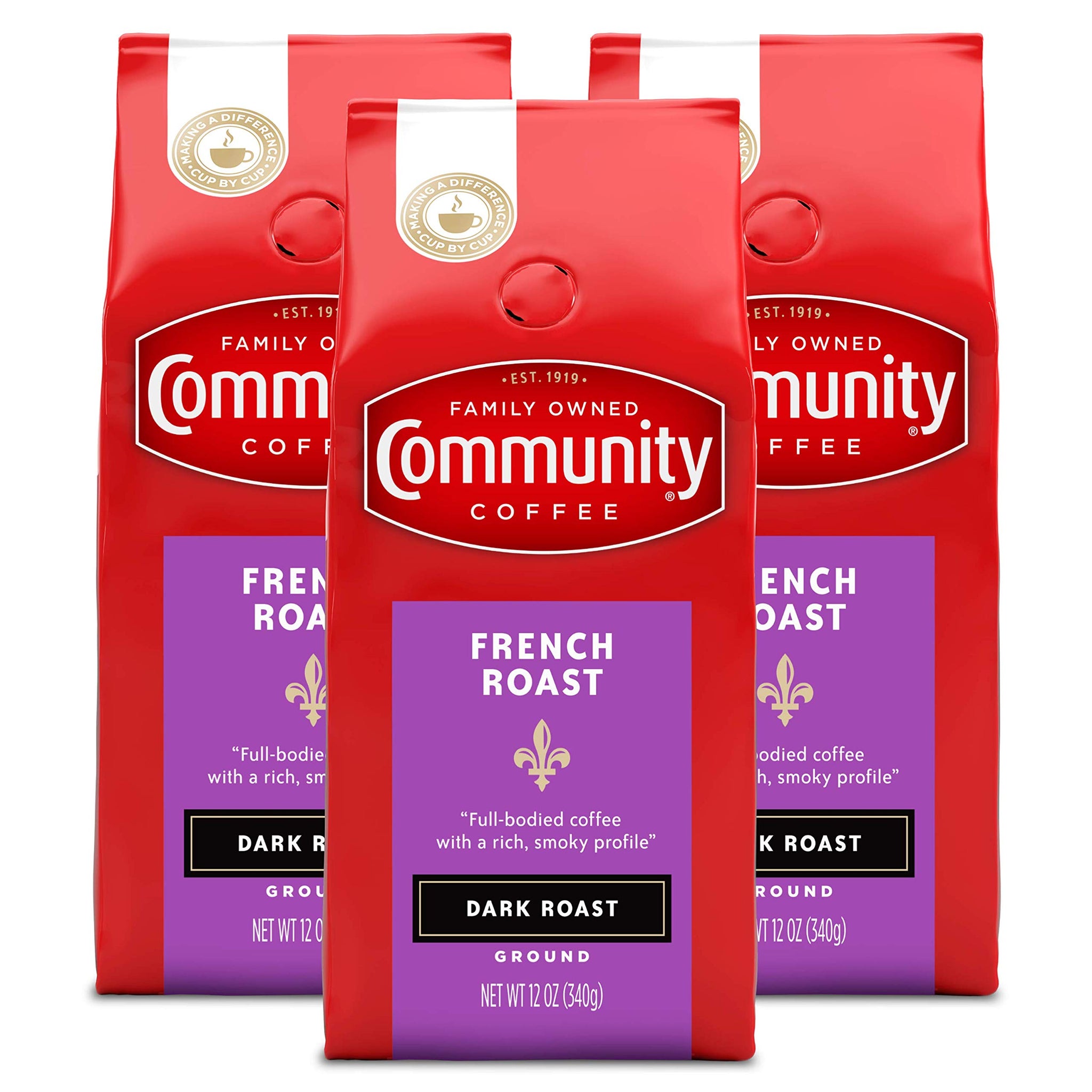 Community Coffee French Roast Dark Roast Ground 12 oz 3 ct Gable Top 12 Ounce (Pack of 3)