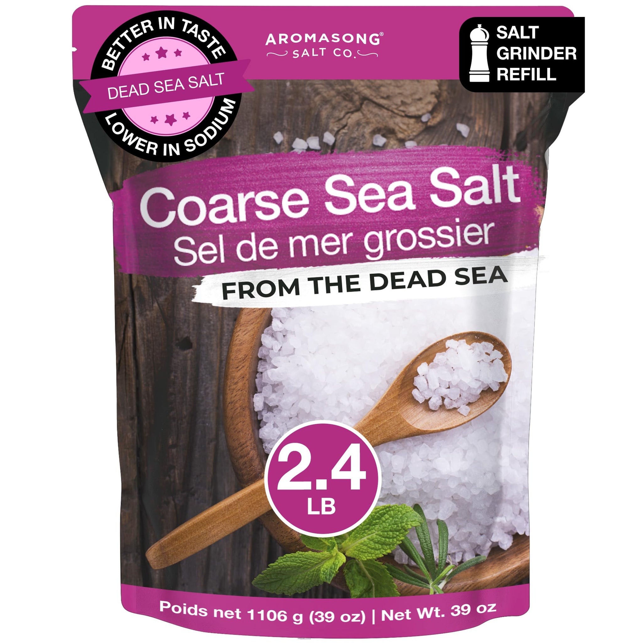 Aromasong Coarse Sea Salt for Grinder Refill - Bulk 2.43 Lb. Dead Sea Salt in Resealable Bag - Pure & Natural Sun Dried, Unrefined, Gluten Free, For
