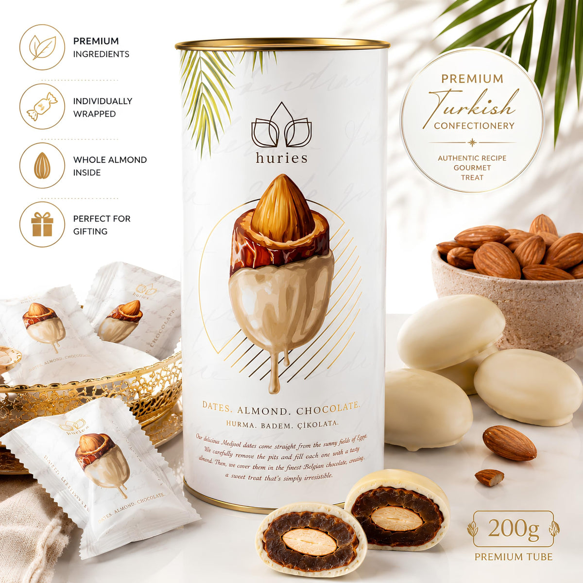 Huries White Chocolate Covered Dates with Almonds, Individually Wrapped Gourmet Stuffed Date Candy, Turkish Dessert Snack, 200 g