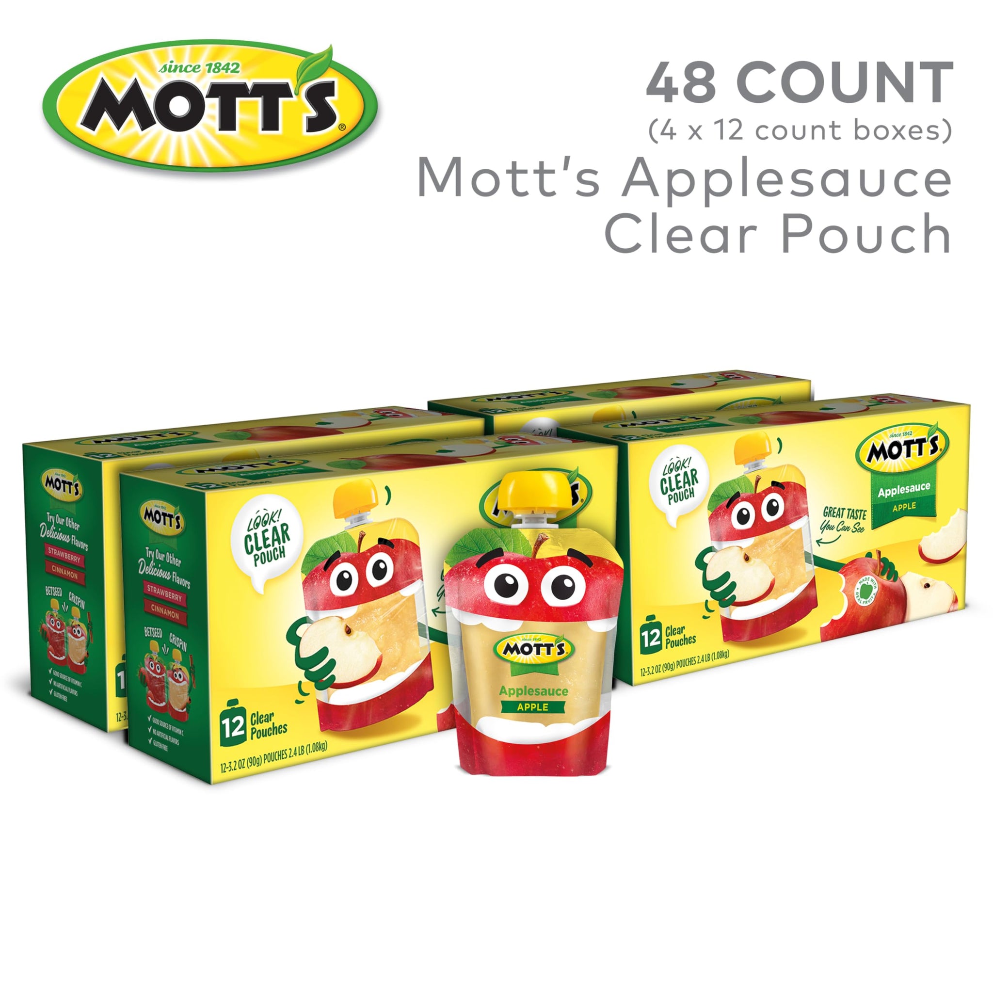 Mott's Original Applesauce, 3.2 Oz Clear Pouches, 48 Count (4 Packs Of 12), No Artificial Flavors, Good Source Of Vitamin C, Nutritious Option For The