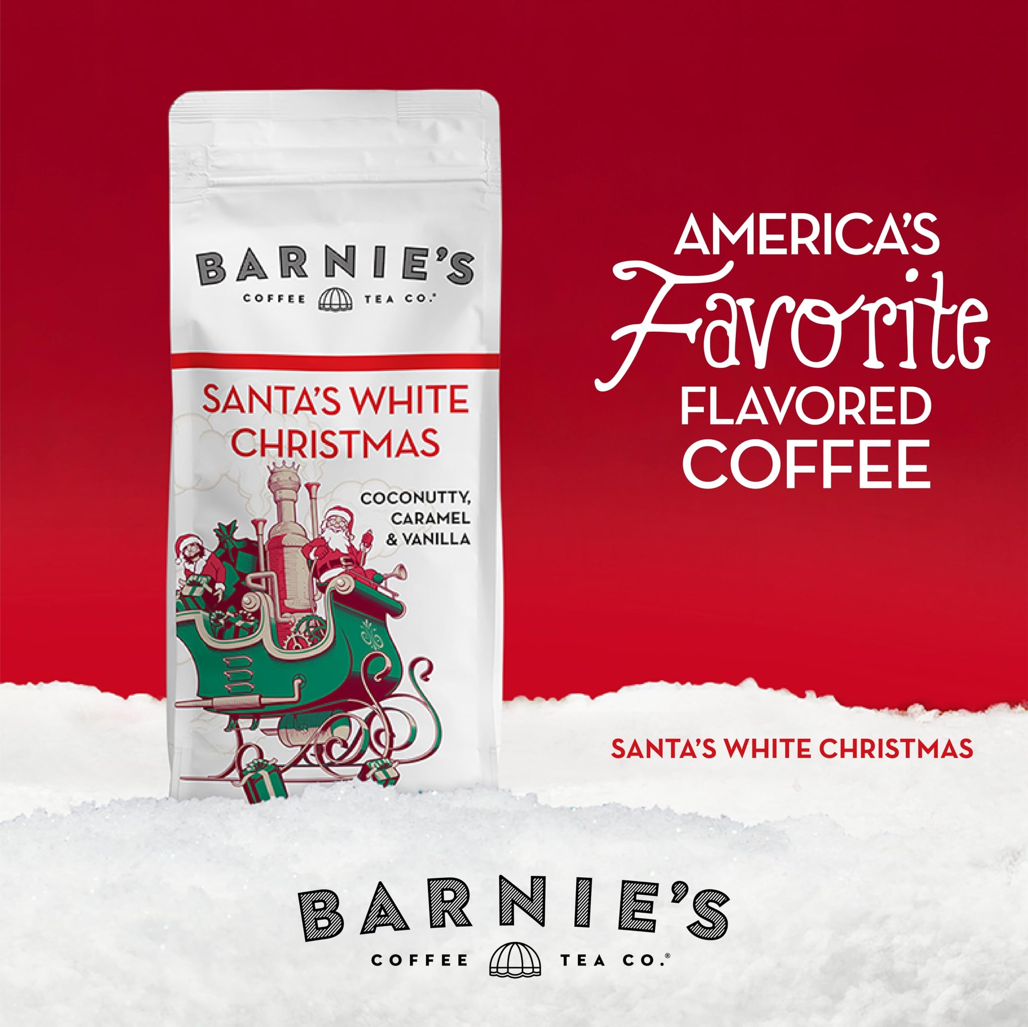 BARNIE'S COFFEE TEA Santa's White Christmas Ground Coffee with Smooth Coconut, Caramel, and Warm Vanilla Flavors, Medium Roasted Arabica Coffee Beans