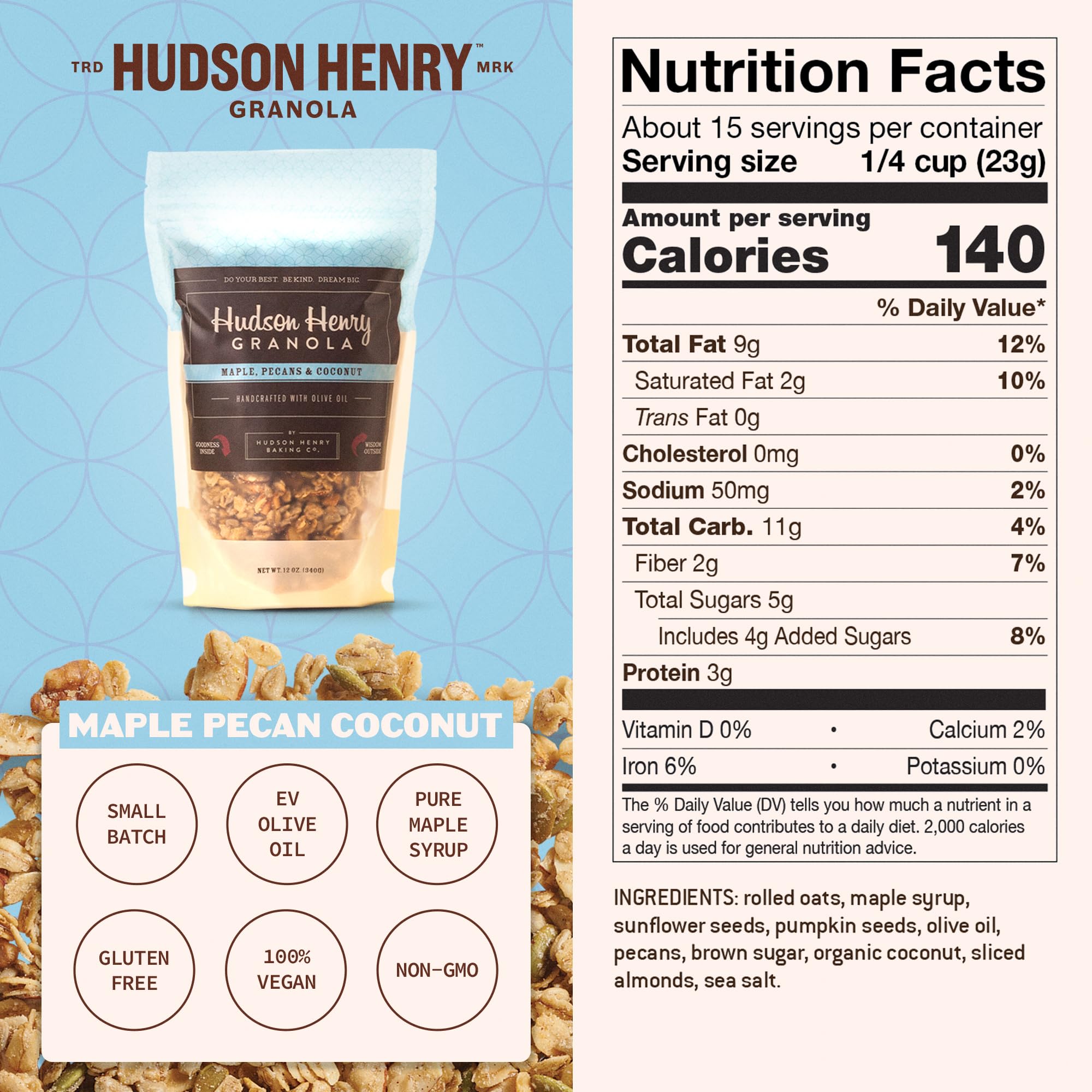 Hudson Henry Maple Pecan Coconut Granola | Gluten Free Granola with Nuts & Seeds | Vegan, Non-GMO & Small Batch Baked with Pure Maple Syrup & Extra