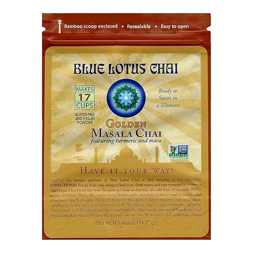 Blue Lotus Chai - Golden Masala Flavor Chai - Makes 17 Cups - 0.5 Ounce Masala Spiced Chai Powder with Organic Spices - Instant Indian Tea No Steeping