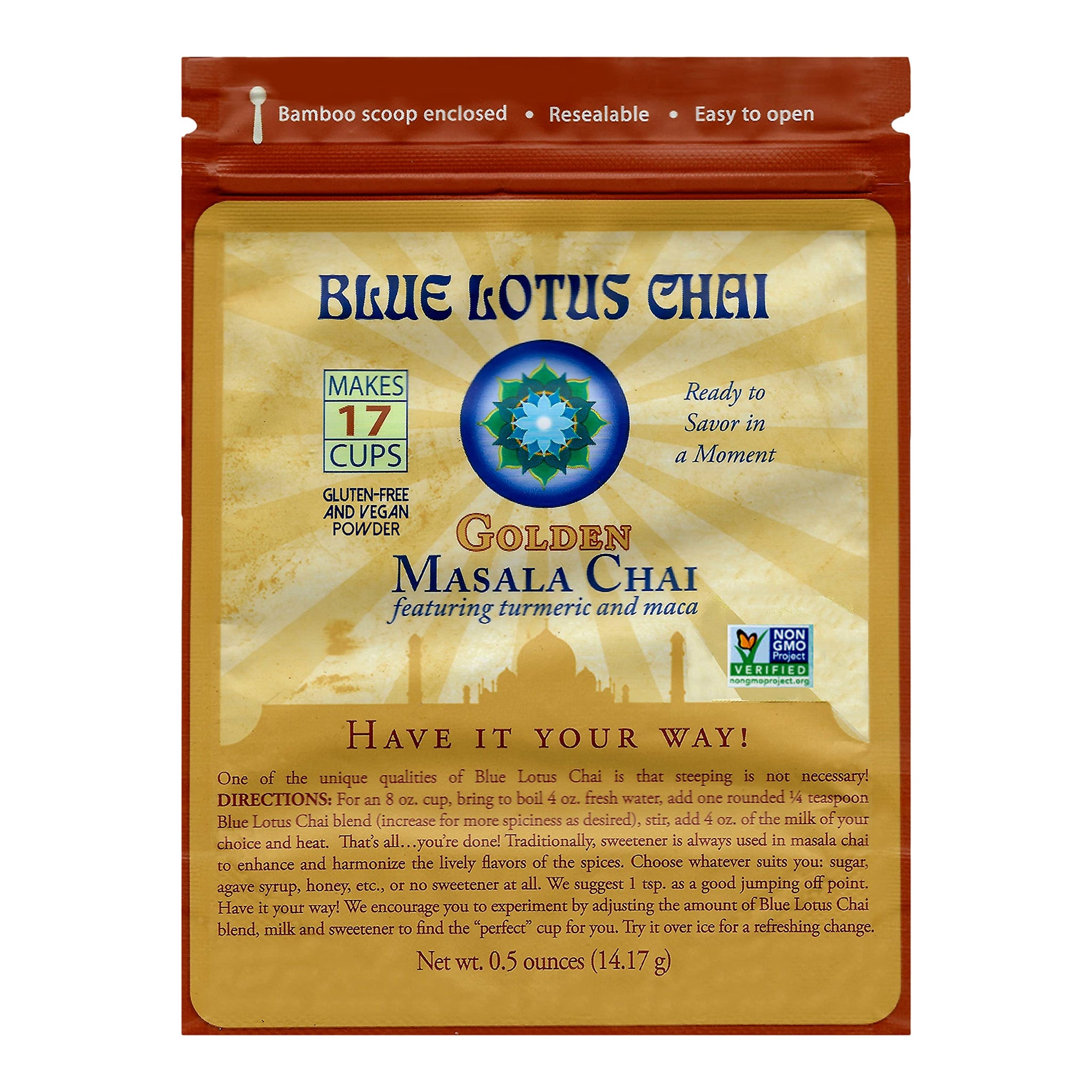 Blue Lotus Chai - Golden Masala Flavor Chai - Makes 17 Cups - 0.5 Ounce Masala Spiced Chai Powder with Organic Spices - Instant Indian Tea No Steeping