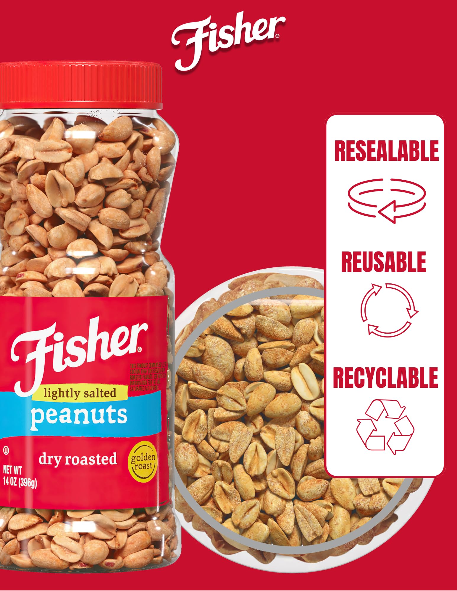 FISHER Snack Lightly Salted Dry Roasted Peanuts, 14 oz