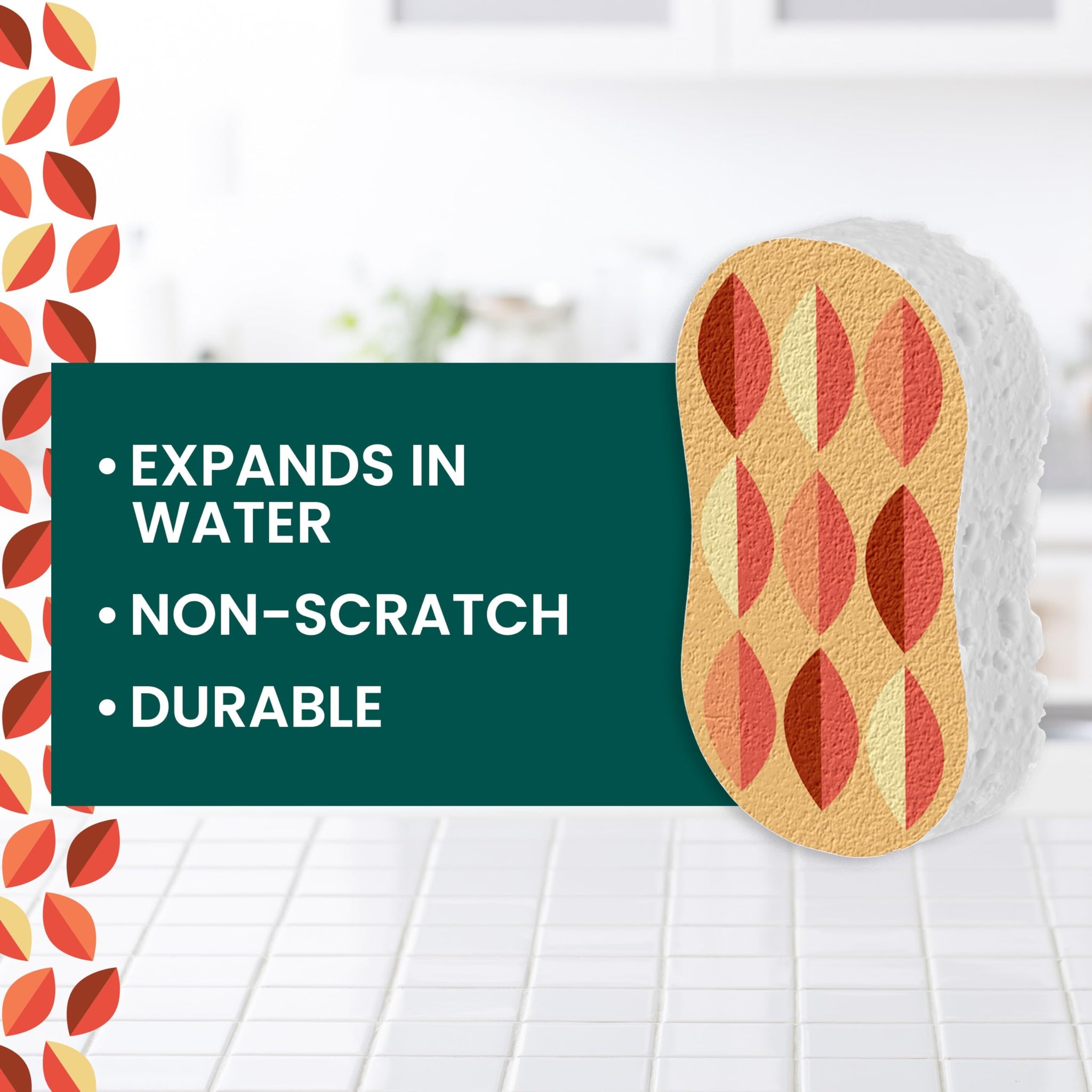 Scotch-Brite Harvest Pop Up Kitchen Sponges, Unique Compressed Kitchen Sponge for Cleaning Gently, Autumn Pattern Dish Sponge that Expands in Water, 3