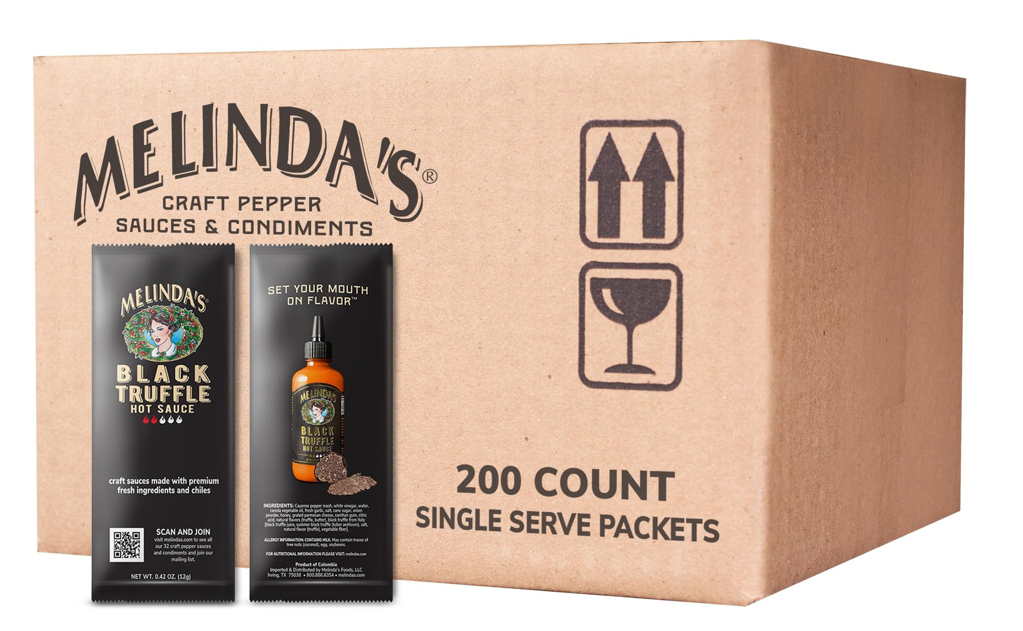 Melinda’s Black Truffle Hot Sauce Packets - 200 Count (.42 Oz Each) - Hot Sauce Packets Single Serve for Travel, Party, Business - Convenient