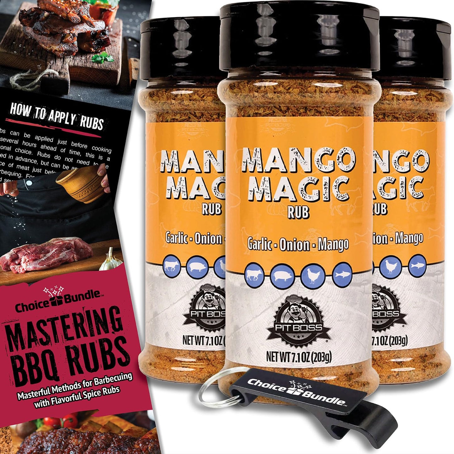 Pit Boss Mango Magic Premium BBQ Barbecue Mixed Seasoning Spice & Dry Rub 3 pk Choice Bundle (21.3 oz) + Guide & Keychain Bottle Opener (5 Items)!