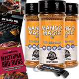 Pit Boss Mango Magic Premium BBQ Barbecue Mixed Seasoning Spice & Dry Rub 3 pk Choice Bundle (21.3 oz) + Guide & Keychain Bottle Opener (5 Items)!