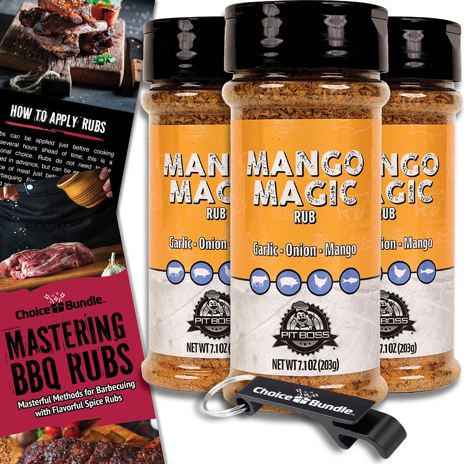Pit Boss Mango Magic Premium BBQ Barbecue Mixed Seasoning Spice & Dry Rub 3 pk Choice Bundle (21.3 oz) + Guide & Keychain Bottle Opener (5 Items)!