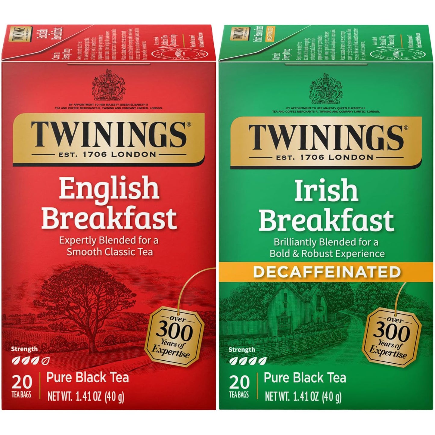 Twinings Tea Variety 2-Pack - English Breakfast, Caffeinated + Irish Breakfast, Decaffeinated, Black Tea Bags, Individually Wrapped, 20 Count Each