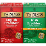Twinings Tea Variety 2-Pack - English Breakfast, Caffeinated + Irish Breakfast, Decaffeinated, Black Tea Bags, Individually Wrapped, 20 Count Each