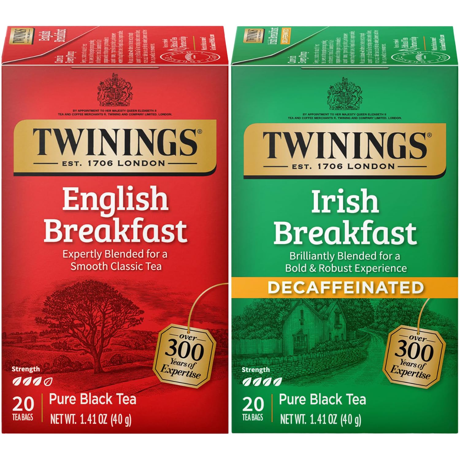 Twinings Tea Variety 2-Pack - English Breakfast, Caffeinated + Irish Breakfast, Decaffeinated, Black Tea Bags, Individually Wrapped, 20 Count Each