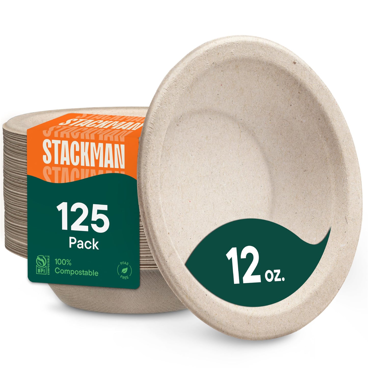 Stack Man Paper Bowls, 100% Compostable Disposable Soup Bowl [125-Pack] 12 oz. Heavy Duty, Eco-Friendly, Biodegradable Bagasse Hot Food Plates