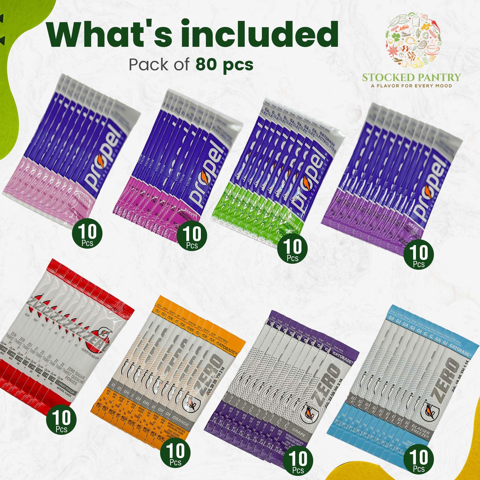 80 Electrolytes Powder Packets - No Sugar Variety Pack - Packaged in Stocked Pantry Box with Stainless Steel Stirring Straw!