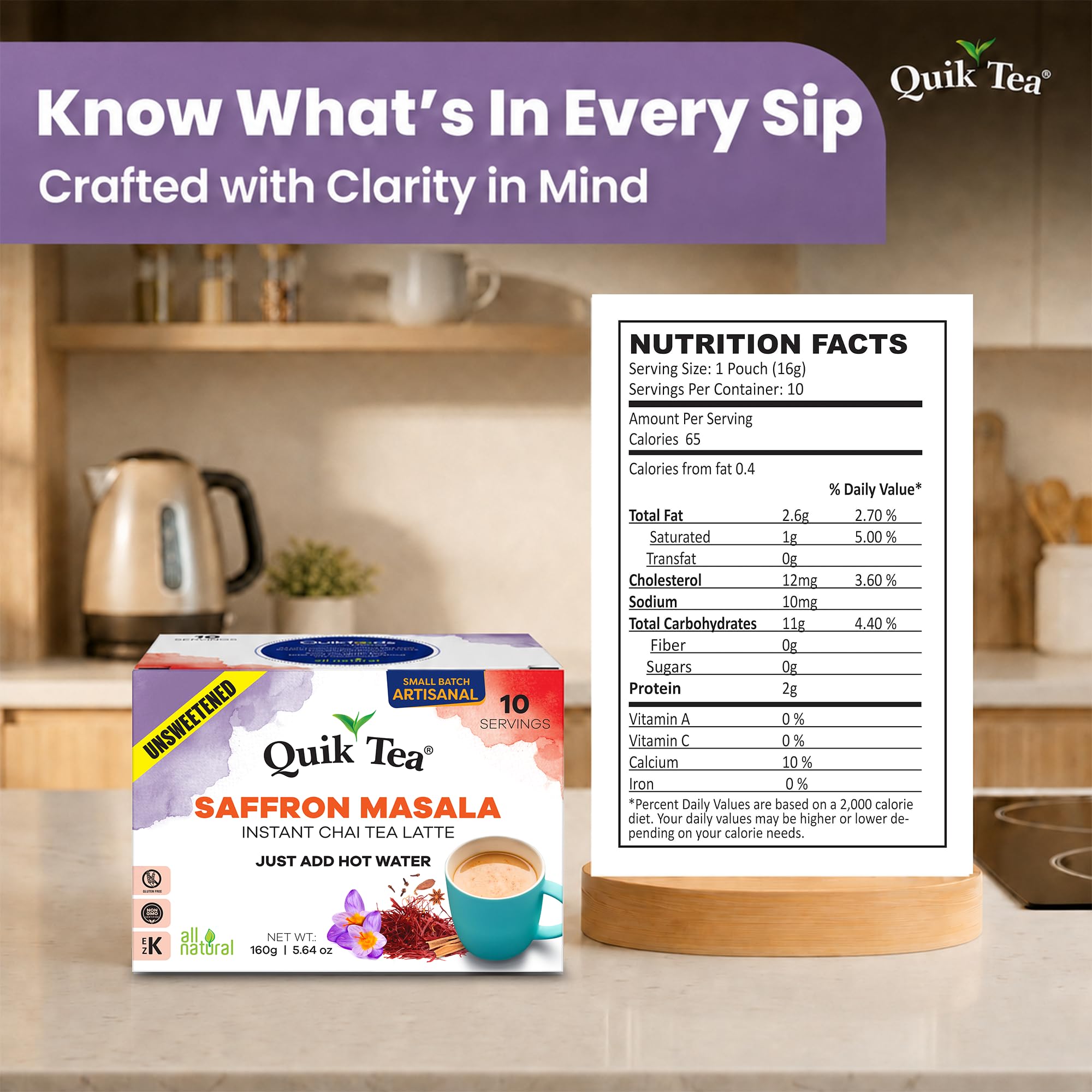 QuikTea Instant Saffron Masala Chai Tea Latte Unsweetened, 10 Single-Serve Sachets, Artisanal Indian Chai Latte Mix, Just Add Hot Water, Low Caffeine