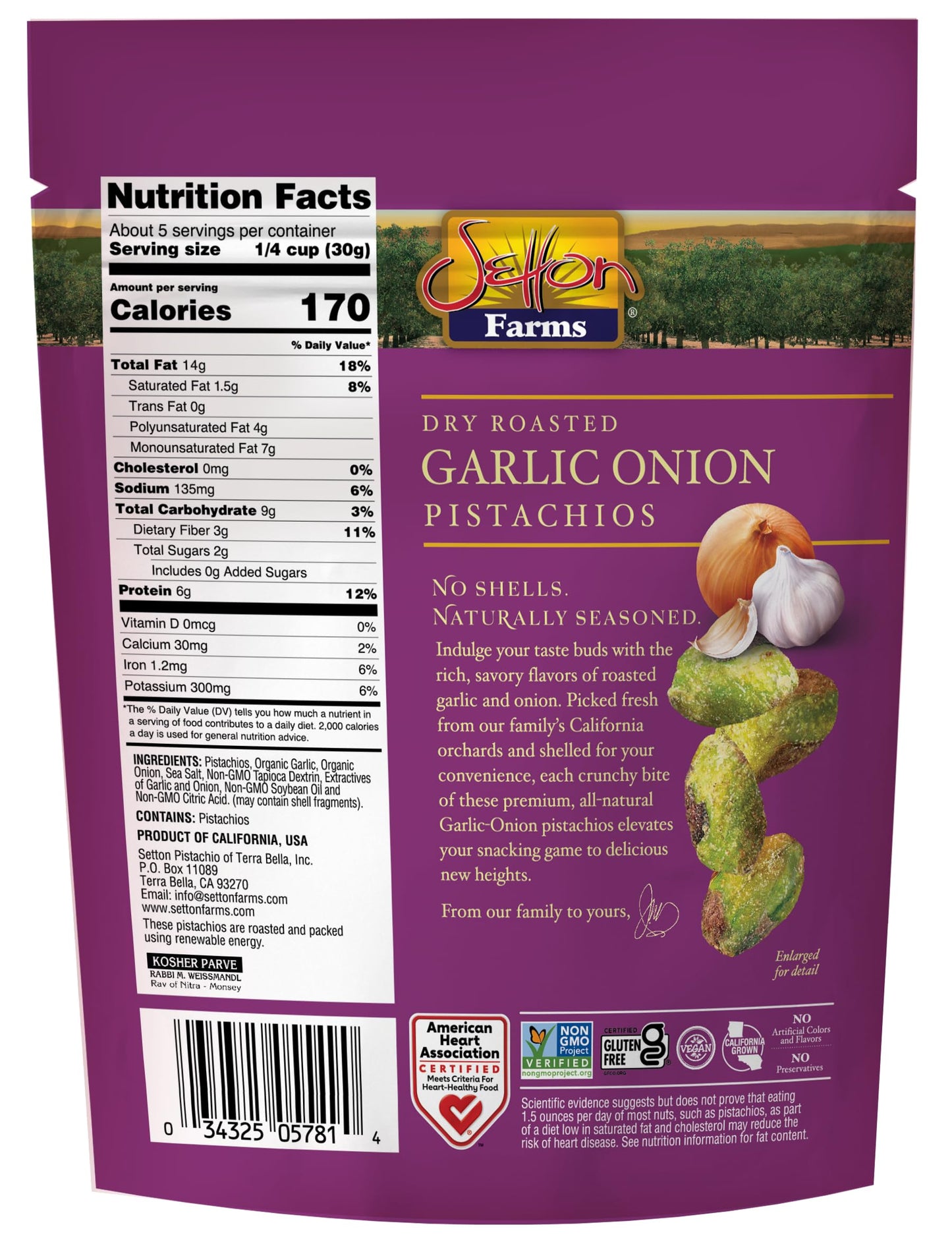 Setton Farms Naturally Seasoned Pistachio Kernels, Garlic Onion, No Shell Pistachios, Certified Non-GMO, Gluten Free, Vegan and Kosher, 5 oz