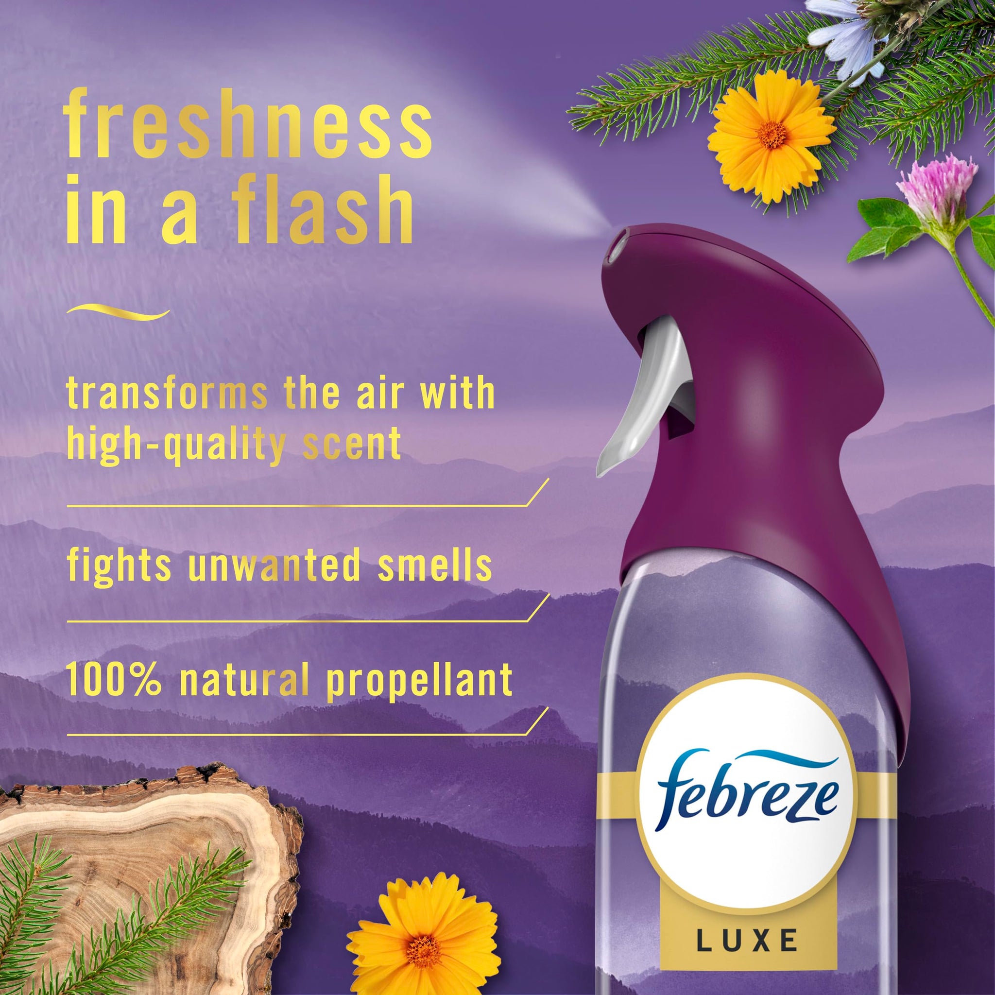 Febreze Air Mist Air Freshener Spray, Odor-Fighting Room Spray, Air Fresheners for Home and Bathroom and Kitchen, Aerosol Can, Mountain Scent, Purple