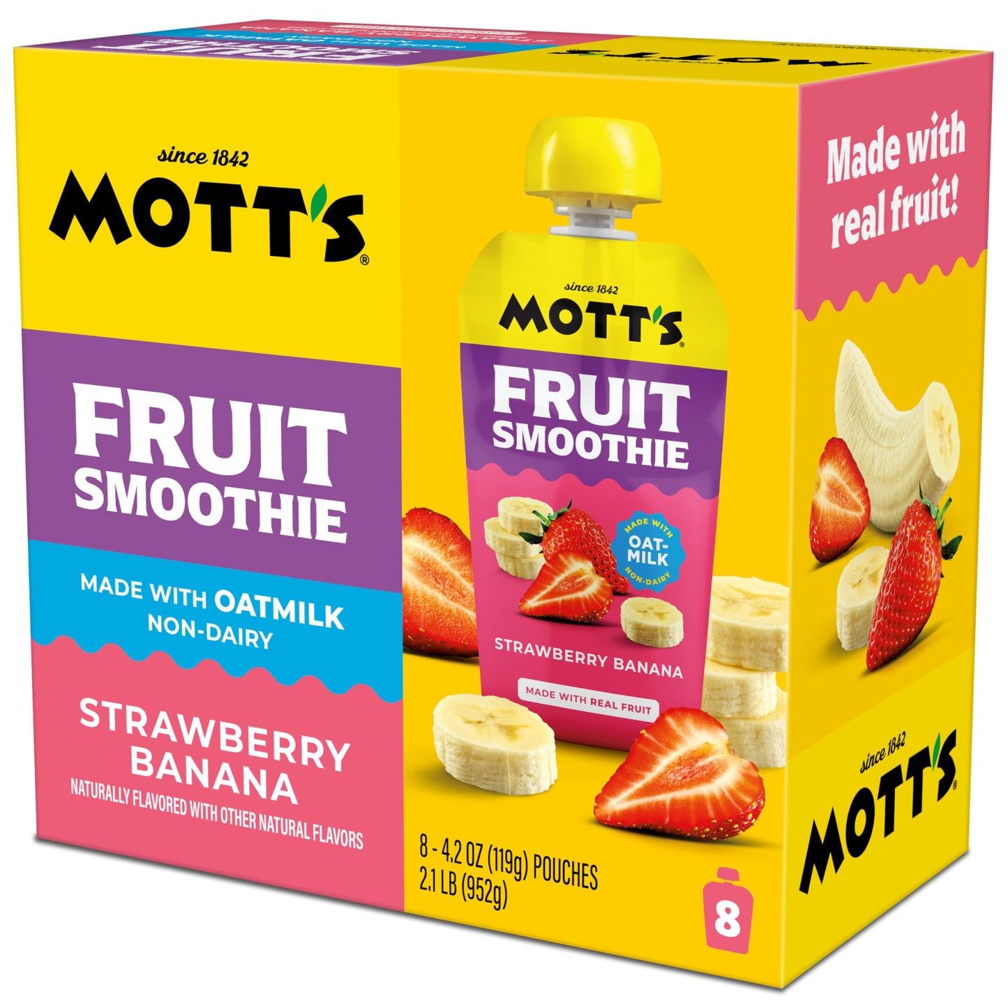 Mott’s Fruit Smoothies Strawberry Banana, 4.2 oz clear pouches, 8 Pack, Non-dairy, Made With Oatmilk, Made With Real Fruit, Good Source of Calcium