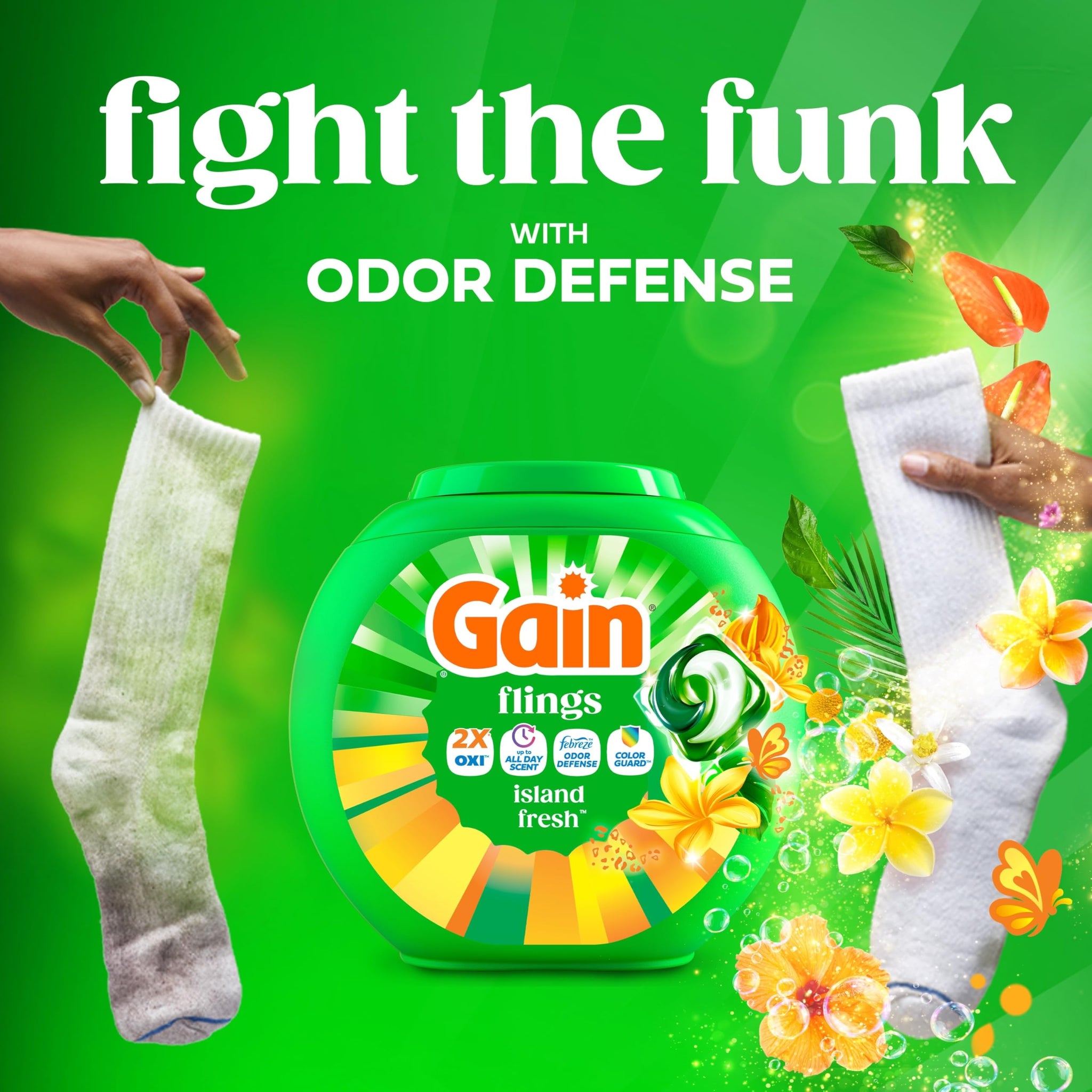 Gain Flings Liquid Washing Detergent Pacs with Odor Defense + Color Guard, Island Fresh Scent, 4-In-1 Liquid Laundry Detergent Pods, Clean & Fresh, 60