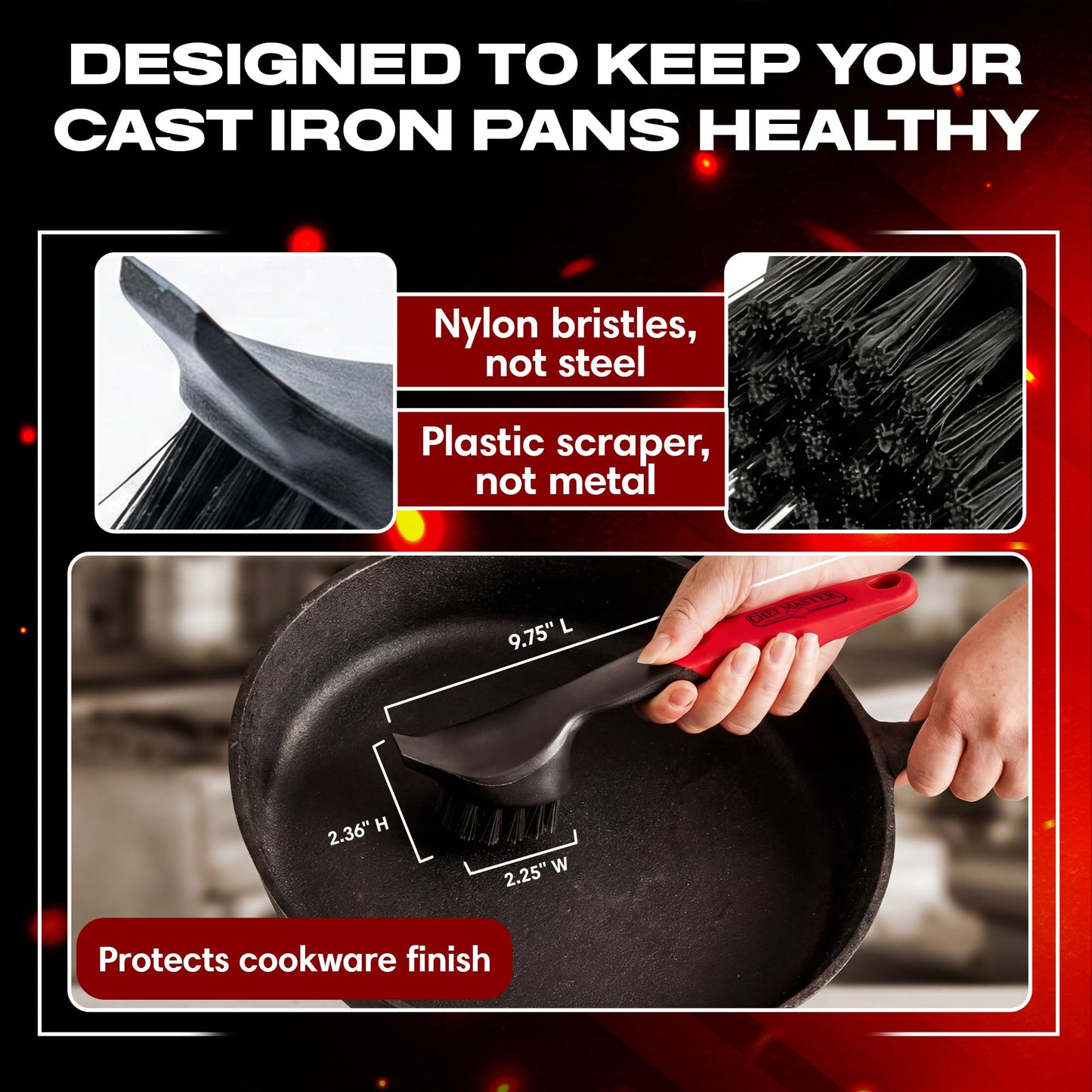 Cast Iron Scrub Brush with Heavy Duty Scraper - Nylon Bristles Dish Scrubber for Pans, Skillets and Woks - Kitchen Cleaner Removes Grime, Grease, Food