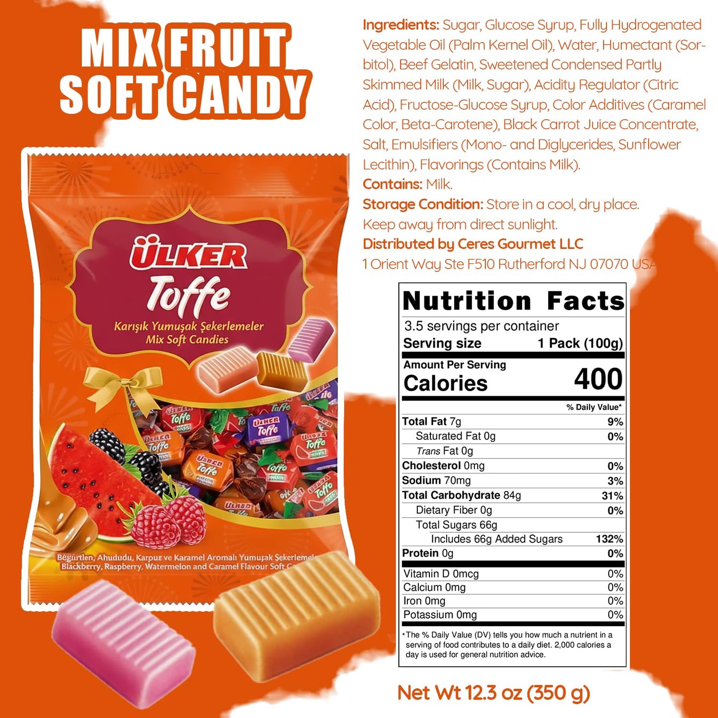 Ceres Gourmet Toffee Candy Bulk 12.3 oz Bag, Individually Wrapped Assorted Soft Chewy Toffee Candies, Blackberry Raspberry Watermelon and Caramel